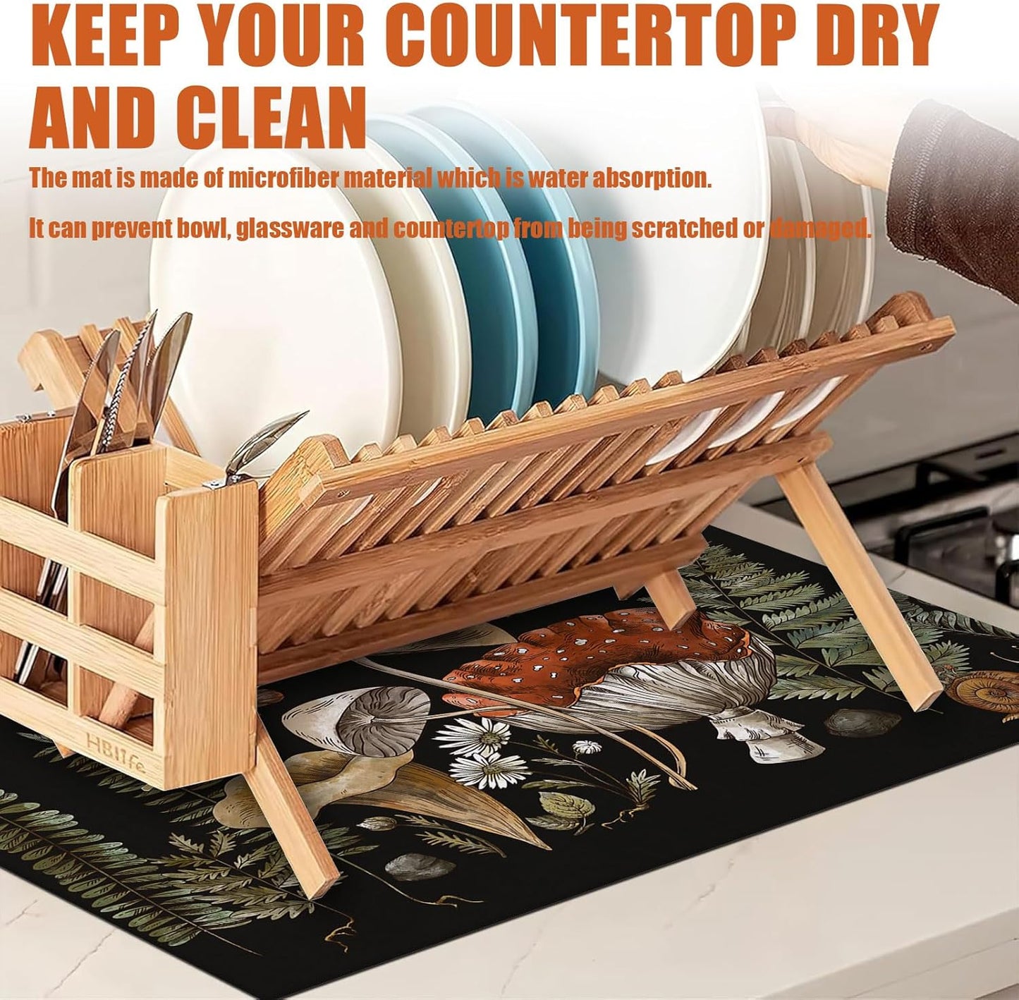 Vintage Mushroom Dish Drying Mat for Kitchen Counter Microfiber Absorbent Dish Kitchen Drying Mat Draining Reusable Washable for Dishes/Utensils/Counterto