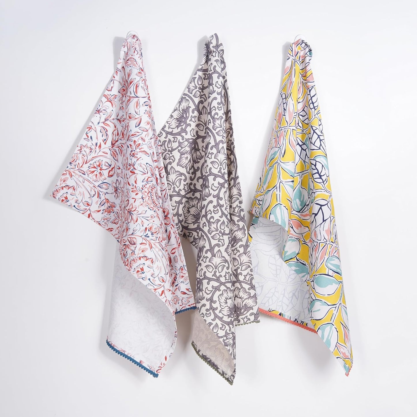 Printed Kitchen Dish Bar and Tea Towels Cotton, 18x28 inch with Trims, Cotton Dish Towel Sets (Multicolor, Set of 3)