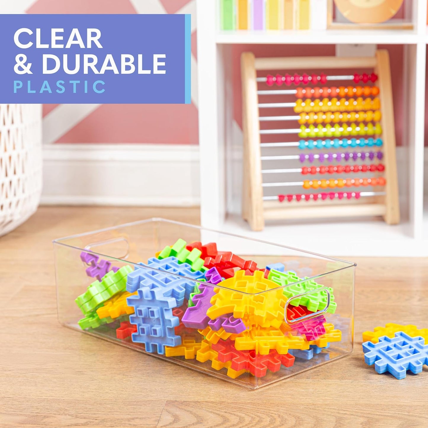 Plastic Food Storage 4 Pack Clear Container Bin with Handles for Organizing Kitchen, Pantry, Refrigerator, Freezer, Pantry, Cabinet, Closet, Bathroom. 16”x8”x5”