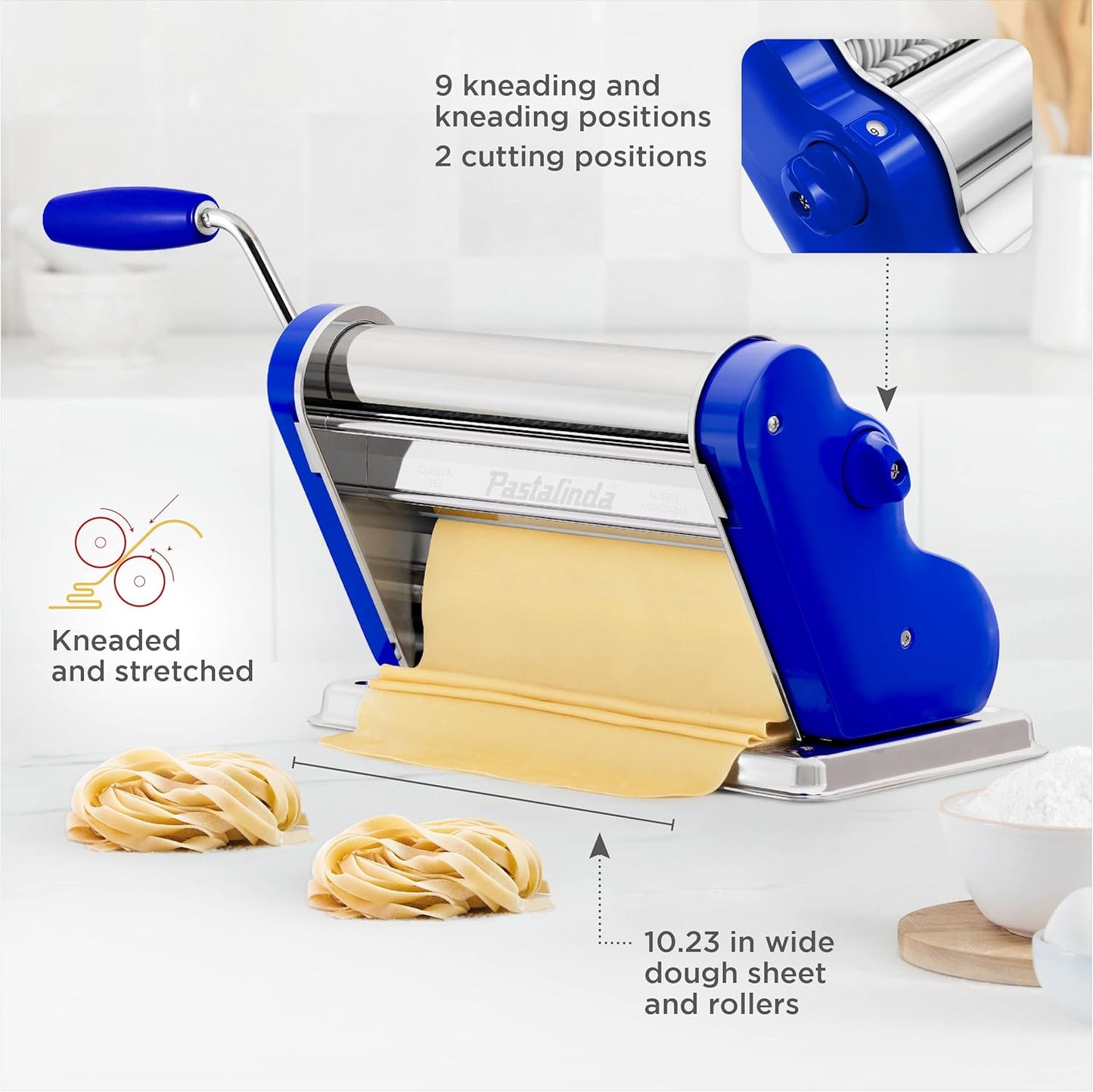 PASTALINDA Classic 260 Pasta Maker Machine, 26 cm Wide Rollers, 9 Thickness Positions, 2 Cutting Positions, Stainless Steel. Includes Reinforced Hand Crank And Two Clamps (Blue)
