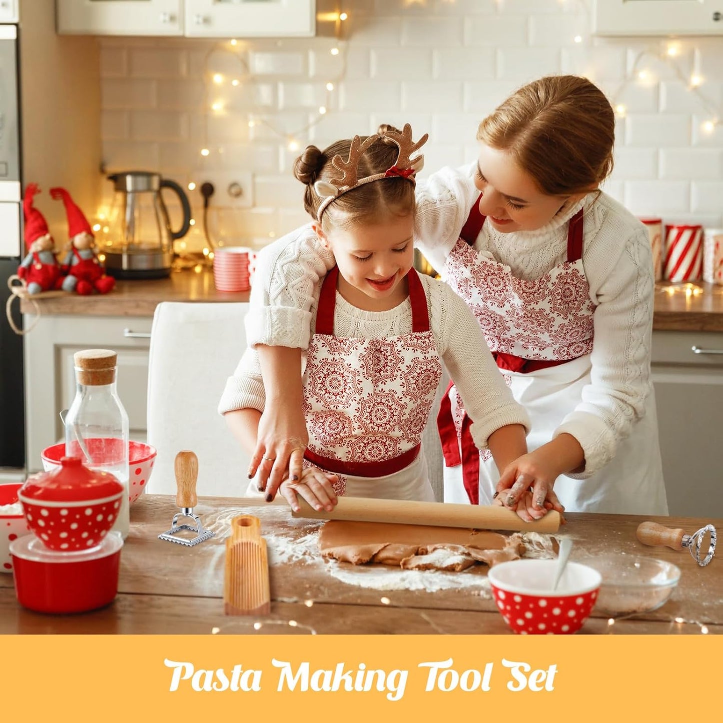 Tioncy 7 Pcs Gnocchi Pasta Making Tool, Wood Gnocchi Board with Ravioli Stamp and Rolling Pin Set Homemade Kitchen Gift for Baking Lovers(Curve Style)