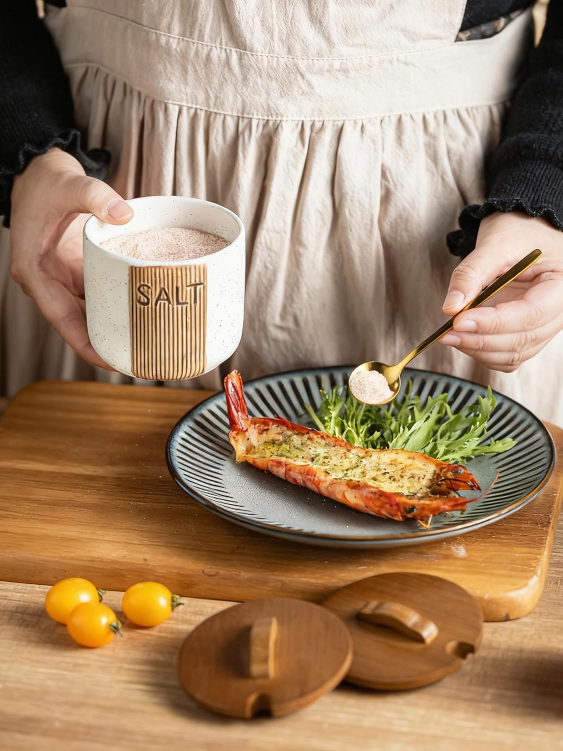 Salt Container for Countertop, Ceramic Salt Cellar with Lid and Spoons, 10 OZ Salt Bowl Holder, White