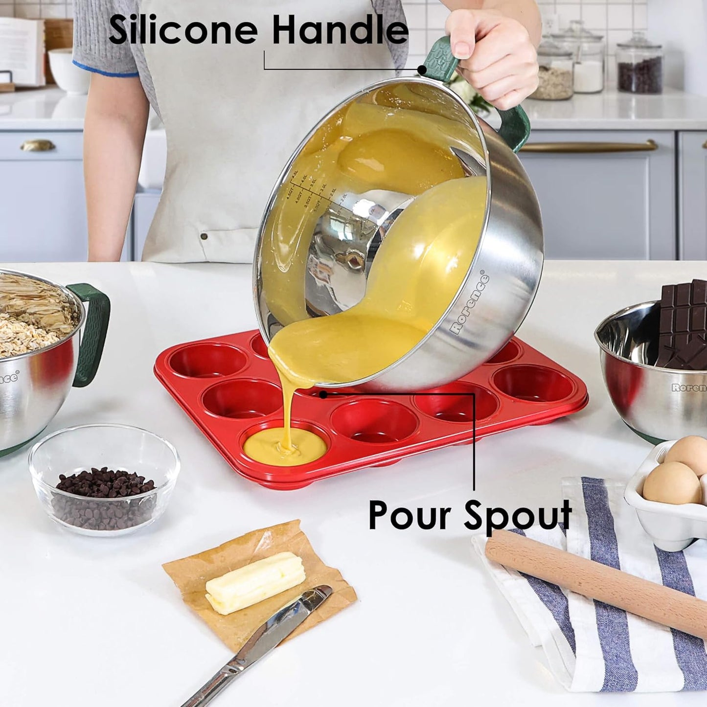 Rorence Mixing Bowls Set: Stainless Steel Non-Slip Bowls with Pour Spout, Handle and Lid - Set of 3 - Green