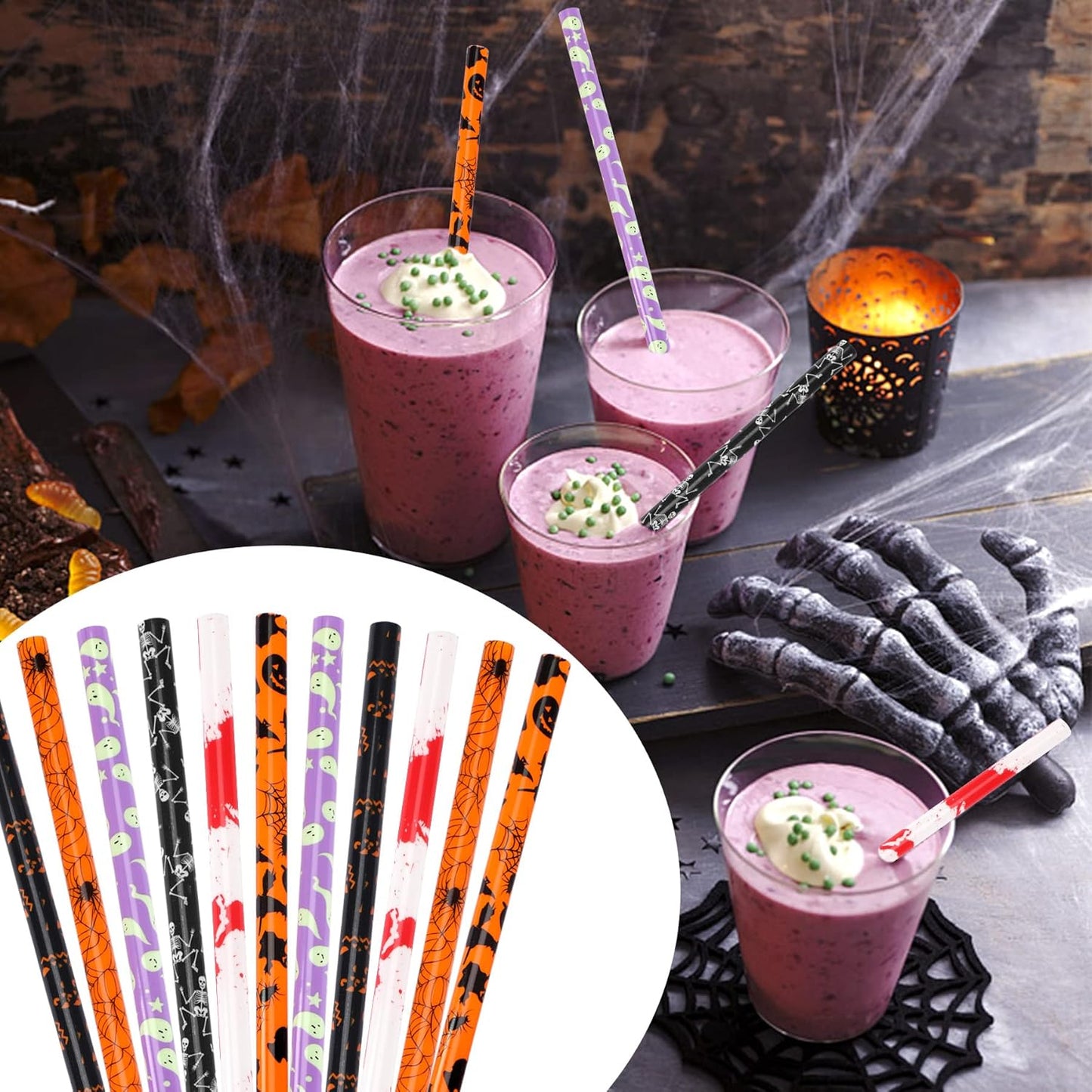 JANYUN 30 Pcs Halloween Reusable Straws 9inch Pumpkin Bat Skeleton Spider Printing Hard Plastic Drinking Straw for Mason Jar Tumbler Family Party Favors Cleaning Brush