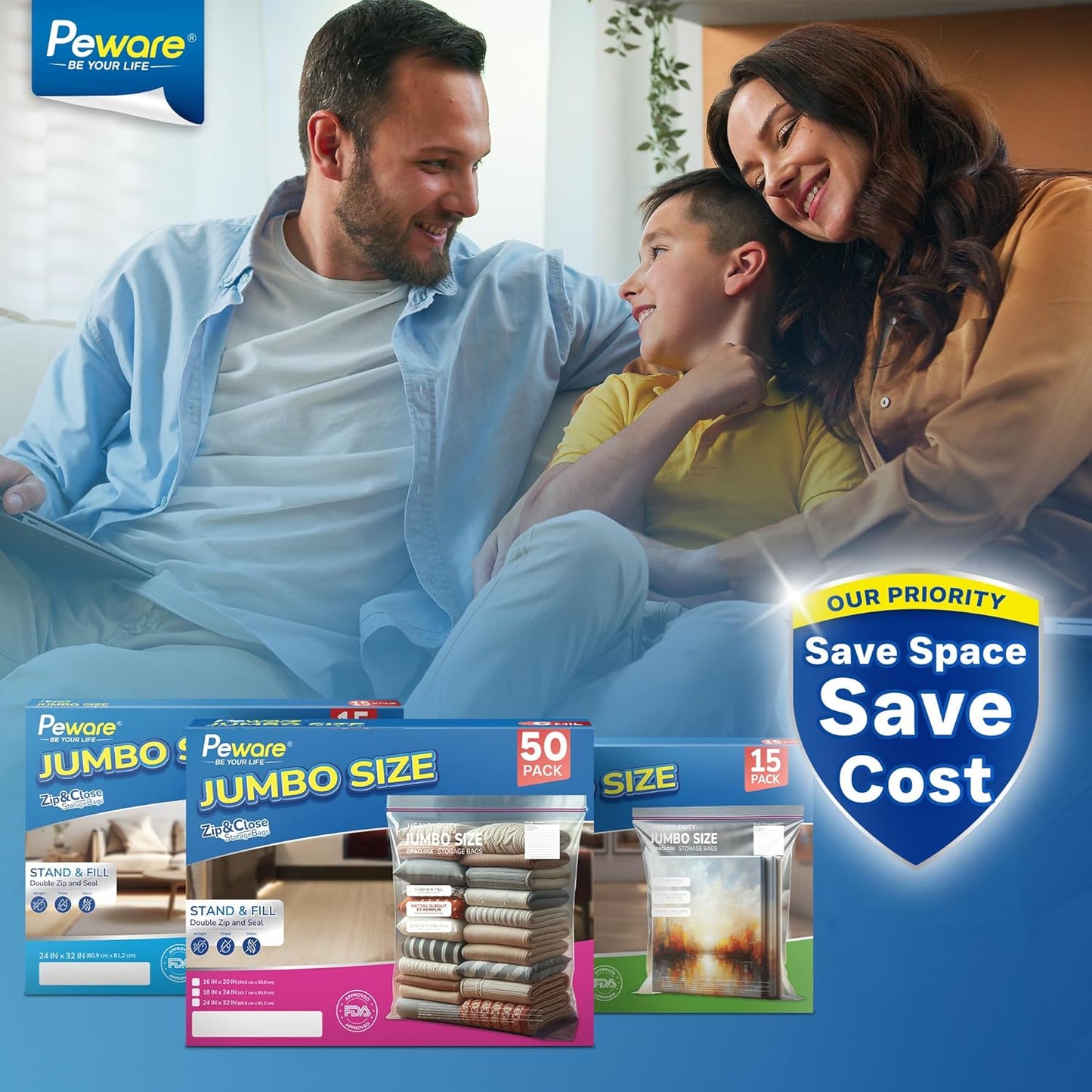 Large Storage Bags, 18"x24" Jumbo Plastic Bag, BPA Free, 5 Gallon XL Zipper Lock Baggies for Clothes Pillow Travel Moving - 50 Jumbo Bags