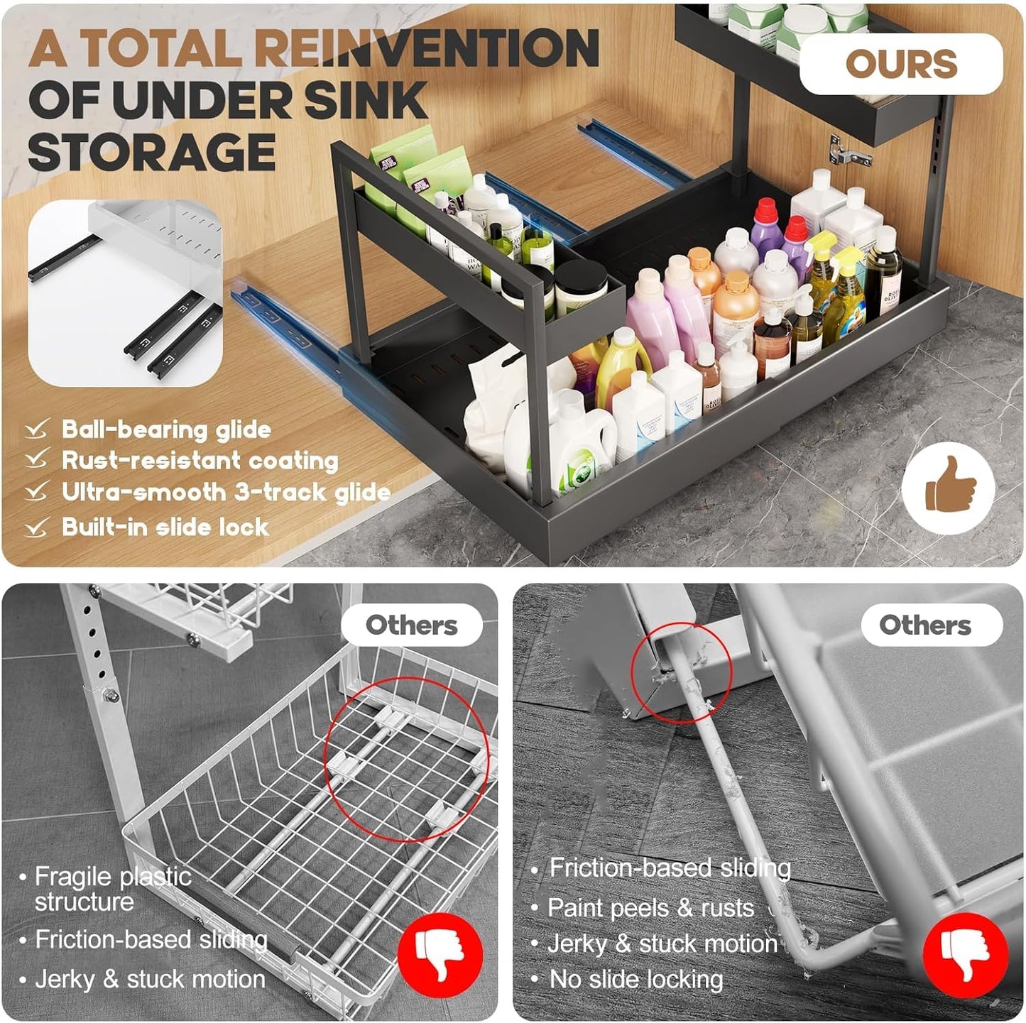 Expandable Under Sink Organizer with 3 Ball-Bearing Slide Rails , 2-Tier Pull-Out Under Cabinet Storage Shelf for Kitchen & Bathroom , Height-Adjustable Slide-Out Cabinet Drawer (Black, 1-Pack)