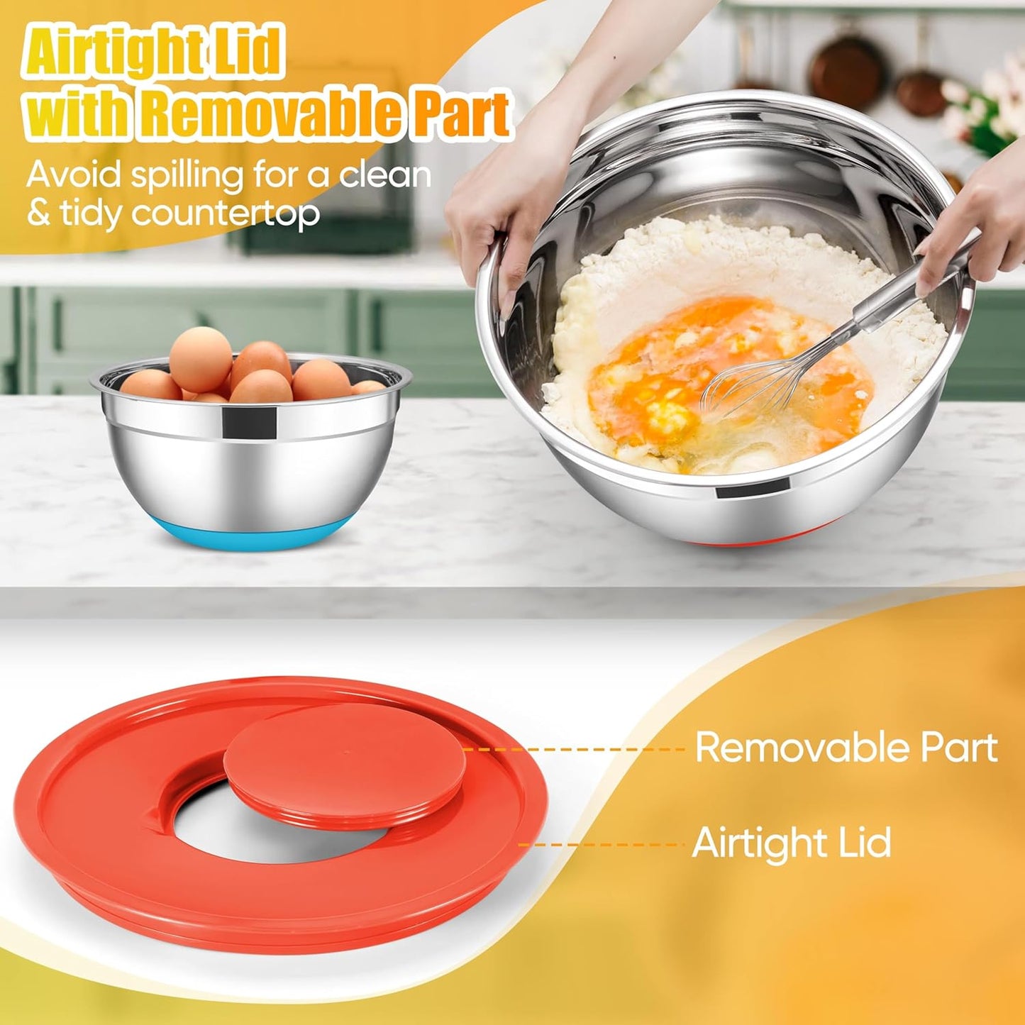 E-far Stainless Steel Mixing Bowls with Lids Set, 5-Piece Nesting Salad Bowls with 3 Grater Attachments and Non-Slip Bottoms, Size 4.6, 2.6, 2, 1.5, 1QT for Kitchen (Colorful)