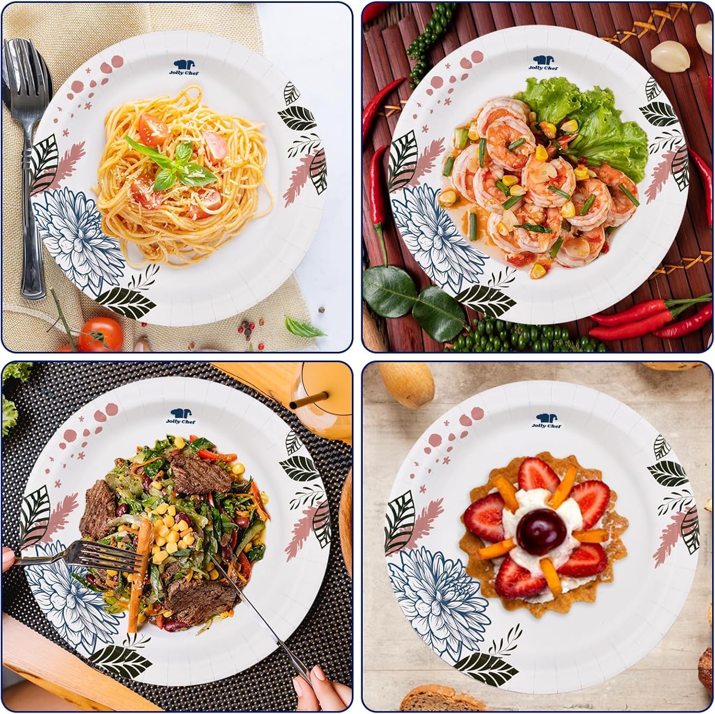 JOLLY CHEF đđ°đŹ đđźđđťđ đŁđŽđ˝đ˛đż đŁđšđŽđđ˛đ đđŹ đśđťđ°đľ Soak Proof, Cut Proof, Heavy Duty Flower Printed Disposable Paper Plates for Everyday Use