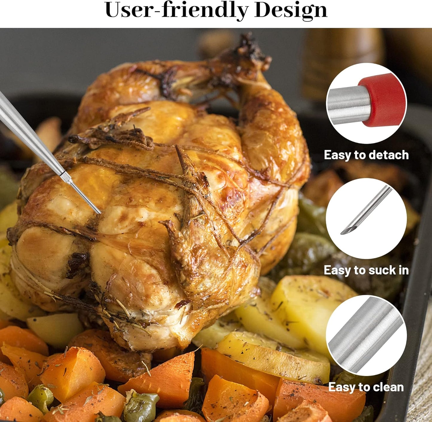 Turkey Baster Syringe for Cooking, Large Stainless Steel Meat Injector, with Cleaning Brush and 2 Marinade Needles, Red