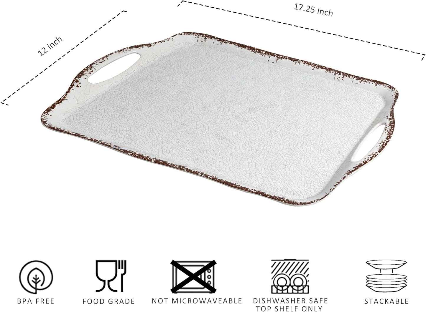 LEHAHA Vintage White Large Serving Tray with Handles, 17.25x12 inch, Set of 2 Melamine Platters for Serving Food, Turkey, Cookie, Rectangular Trays for Eating, Crackled Finish with Rustic Raised Rim.