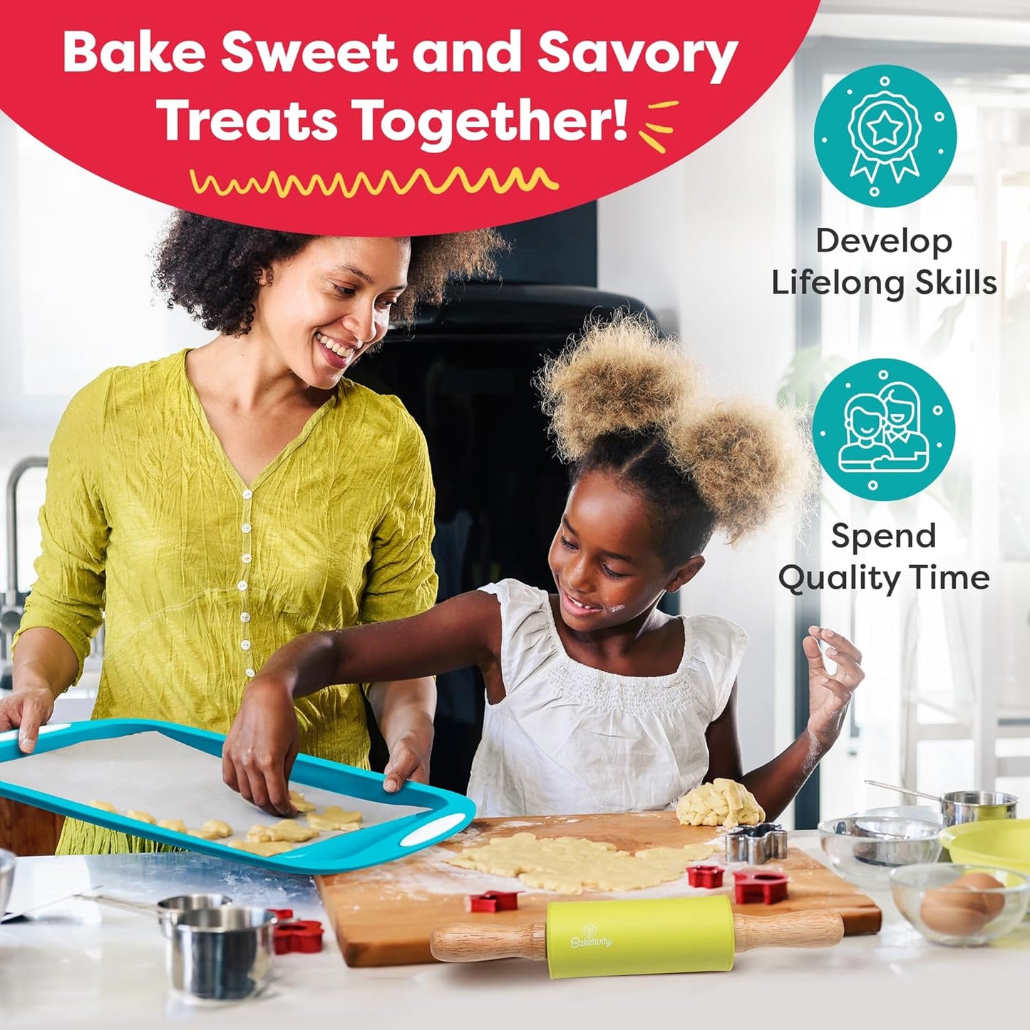 Baketivity Cookie Cutter Set for Kids, 24 Assorted Cookie Cutters of Basic Shapes, Seasonal, and Holiday Themes - with Rolling Pin, Silicone Baking Pan, and Non-Stick Baking Mat - BPA-Free - Ages 4+