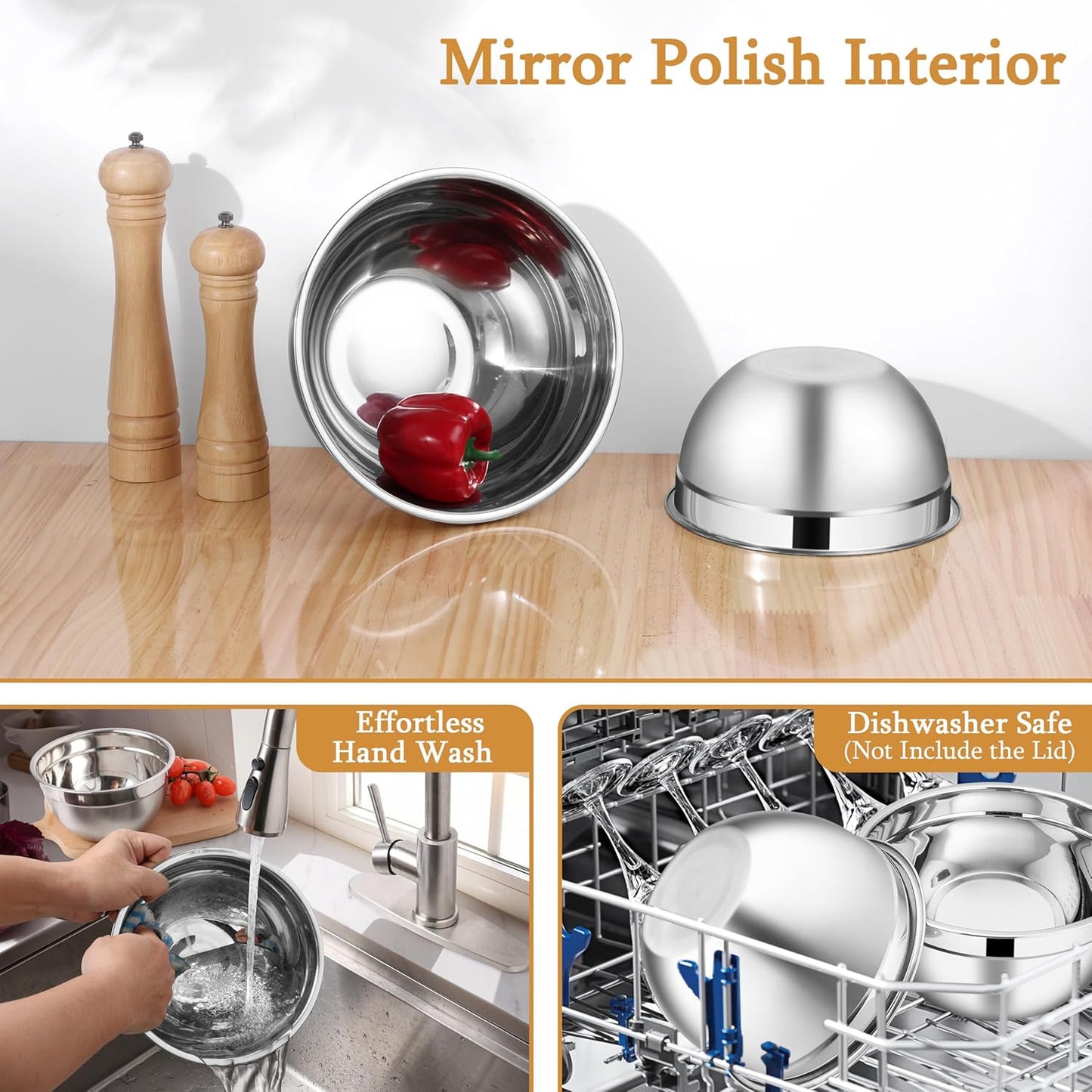 LIANYU Mixing Bowls with Airtight Lids Sets, 3 Packs Stainless Steel Metal Mixing Bowls, Ideal for Prepping, Cooking, Storage, Serving, Freezer & Dishwasher Safe, Khaki