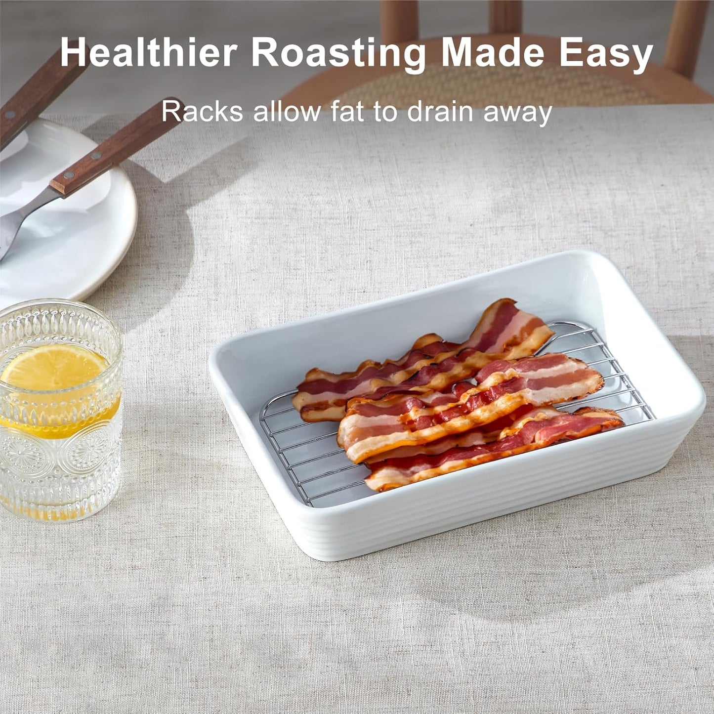 ONEMORE Casserole Dishes for Oven, Ceramic Baking Dish Set of 3 with Roasting Racks Rectangular Large Deep Lasagna Pan without Handles Porcelain Baking Pan with Rack for Oven Cooking (3QT/2.1QT/1.3QT)