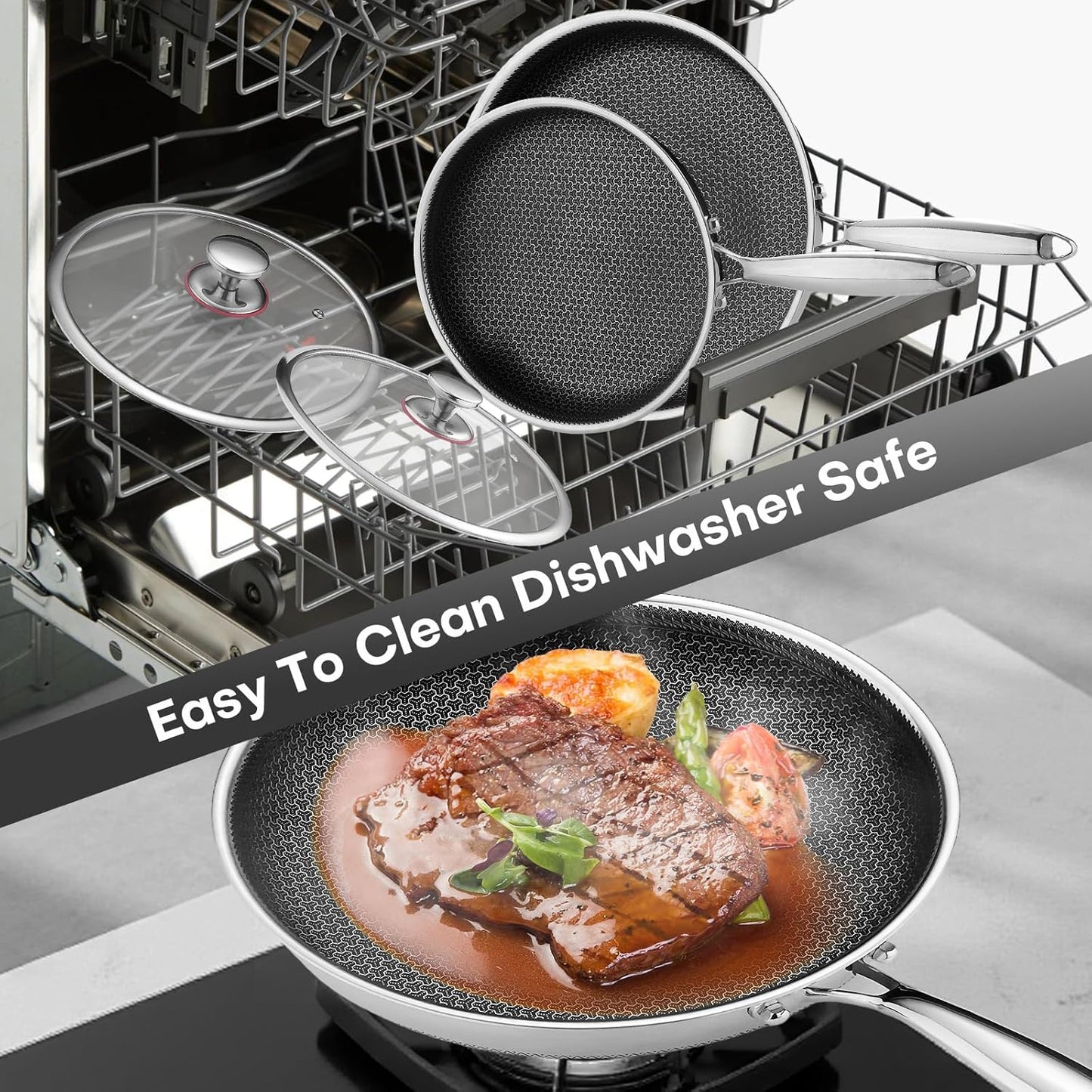 Lazycorner Non Stick Frying Pans Skillet with Lid, 12 Inch Stainless Steel Kitchen Cookware Pots, Non toxic Healthy Induction Compatible PFAS PTFE PFOA PFOS Free