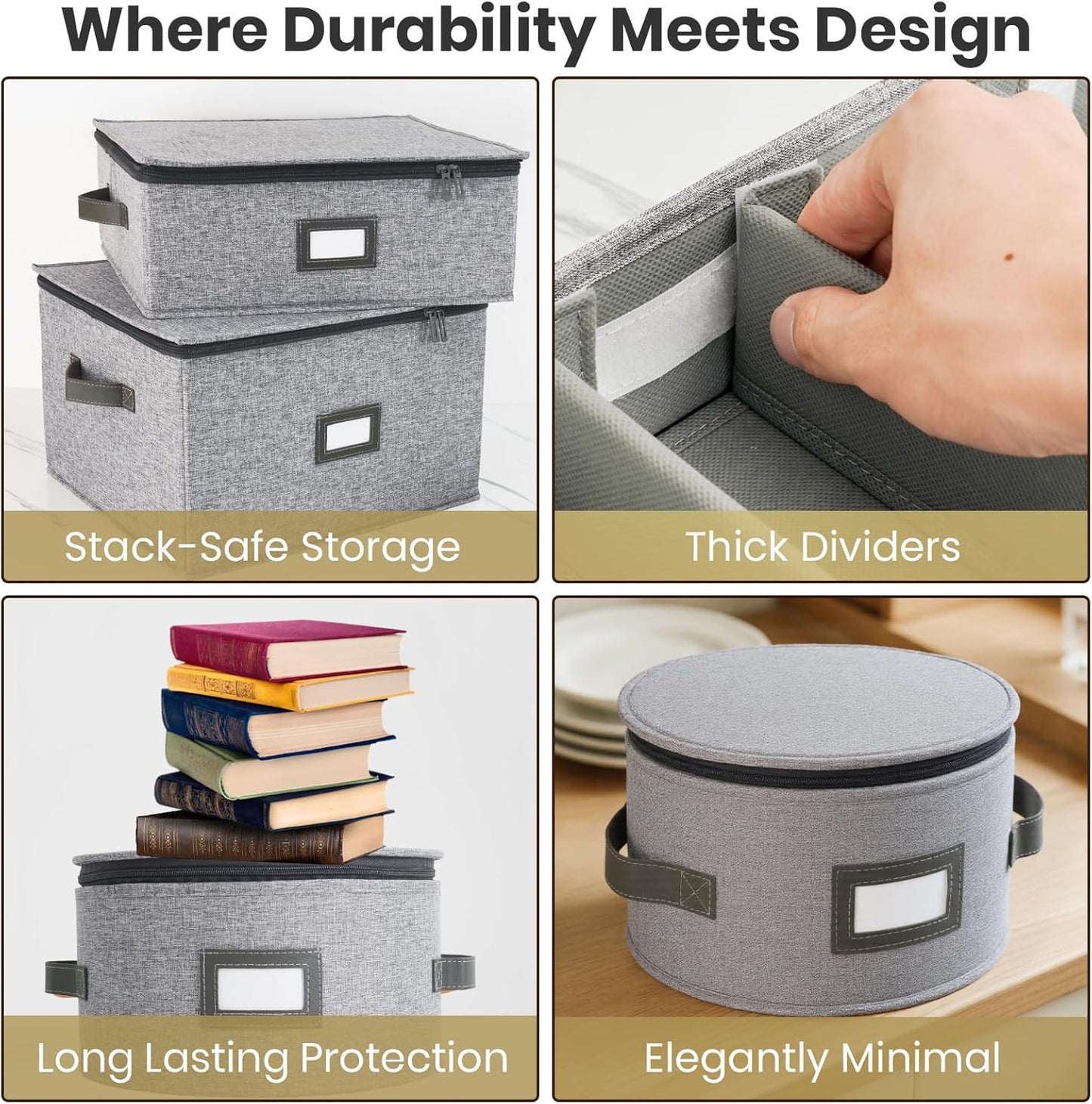 HOMELUX THEORY Dessert Plate Storage Box, 2pc Light Gray Hard Shell China Storage Containers With 24 Felt Pads, Kitchen Storage Bins With Lids, Heavy Duty Moving Box for Dishes & Dinner Plate