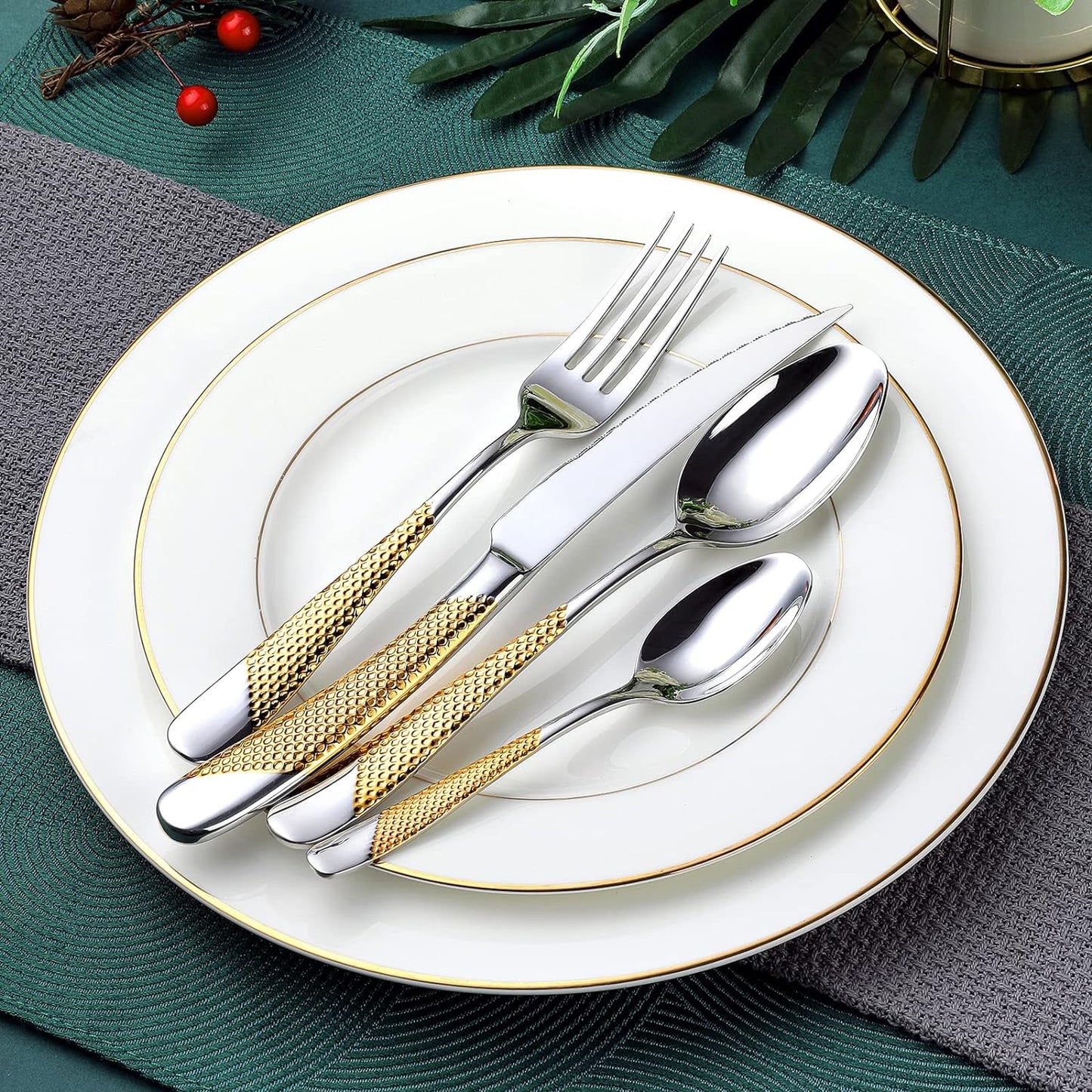 Hammered Silver Gold Silverware Set, OGORI 24-Piece 18/10 Stainless Steel Flatware Set, Service of 6