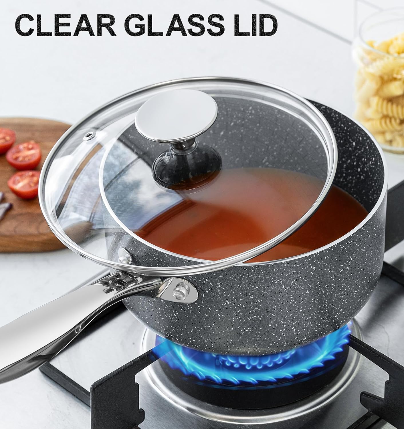 MICHELANGELO 2 Quart Saucepan with Lid, Nonstick Sauce Pan with Healthy Coating, Granite Sauce Pan with Stainless Steel Handle, 2 Qt Saucepan Induction Compatible, Gray