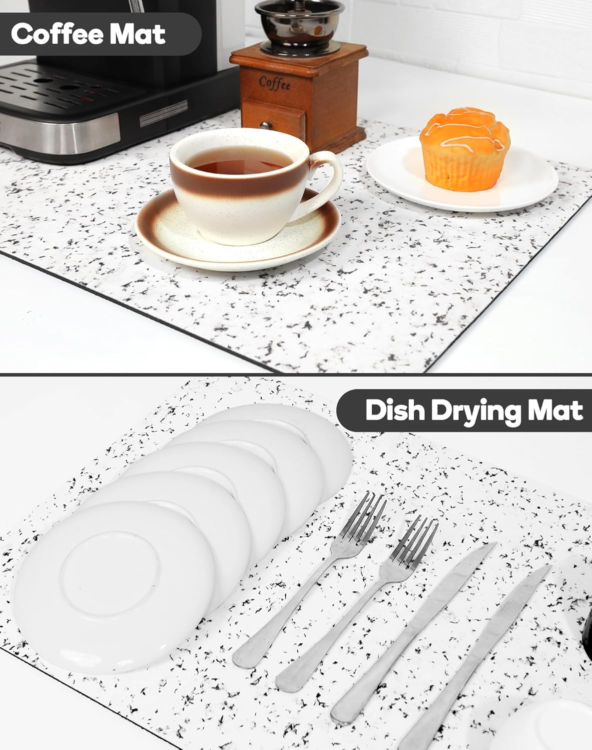 SUEH DESIGN Coffee Mat, Absorbent Dish Drying Mat 23.6 x 15.7 in Quick Dry Coffee Mat Large Drying Mats for Kitchen Counter Coffee Bar, Granite White