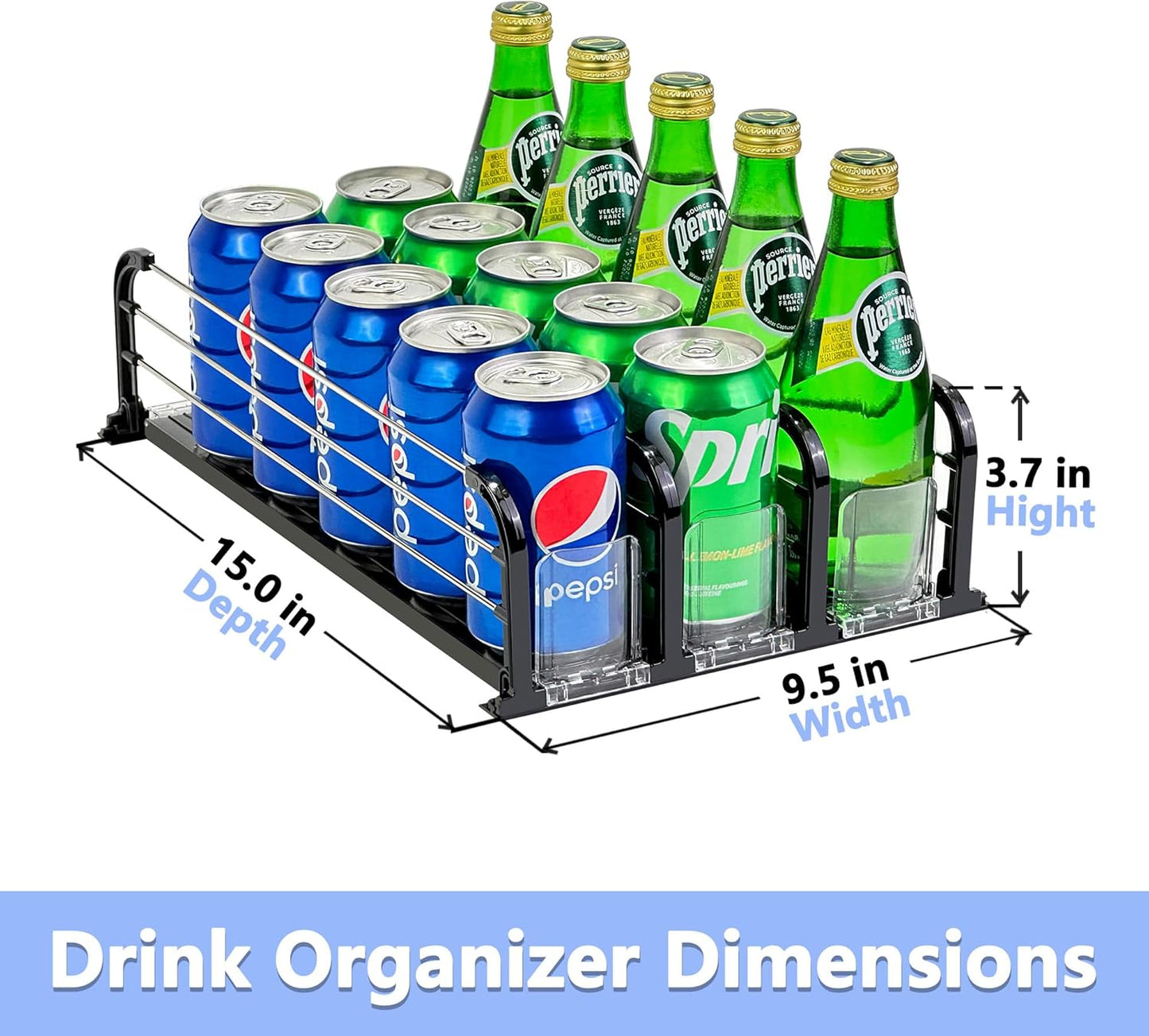 Drink Organizer for Fridge, Soda Can Dispenser for Fridge, Refrigerator Drink Dispenser with Self-Pushing Glide Black (3 Rows)