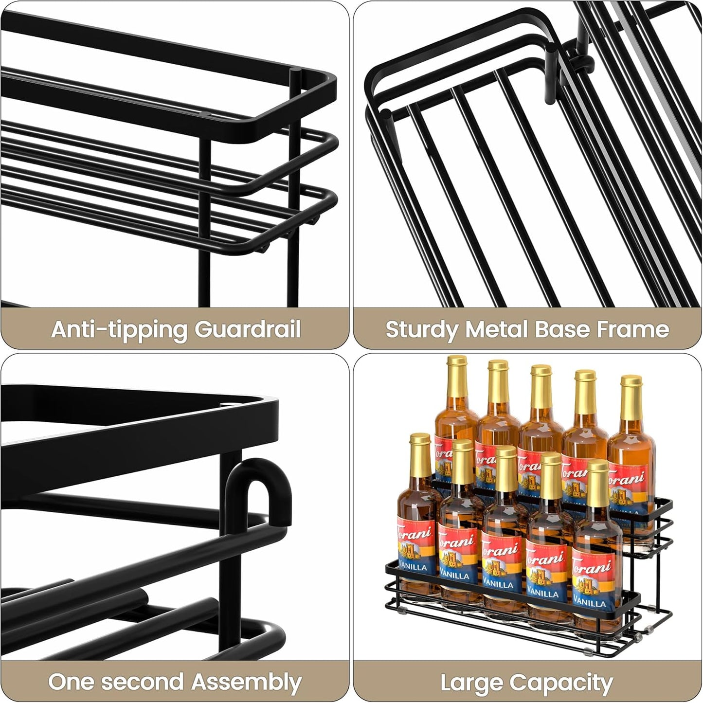 Coffee Syrup Rack Organizer, Syrup Bottle Holder Stand for Coffee Bar, 2-Tier 10 Bottles Storage Shelves for Syrup, Wine, Dressing for Kitchen Countertop (10 Bottles Black)