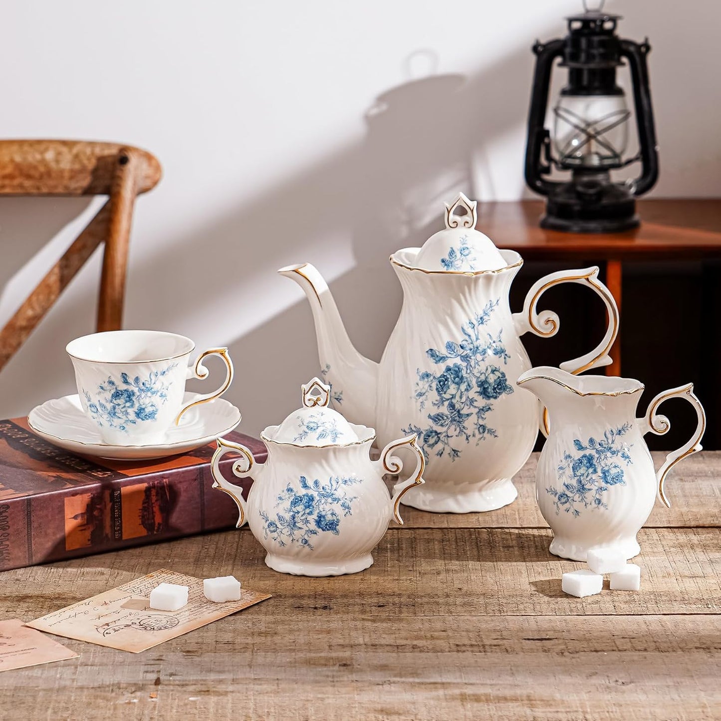 Sugar and Creamer Set Ceramic, Creamer Pitcher and Sugar Bowl with Lid,Sugar Cube Dish Coffee or Tea (White with blue flower)