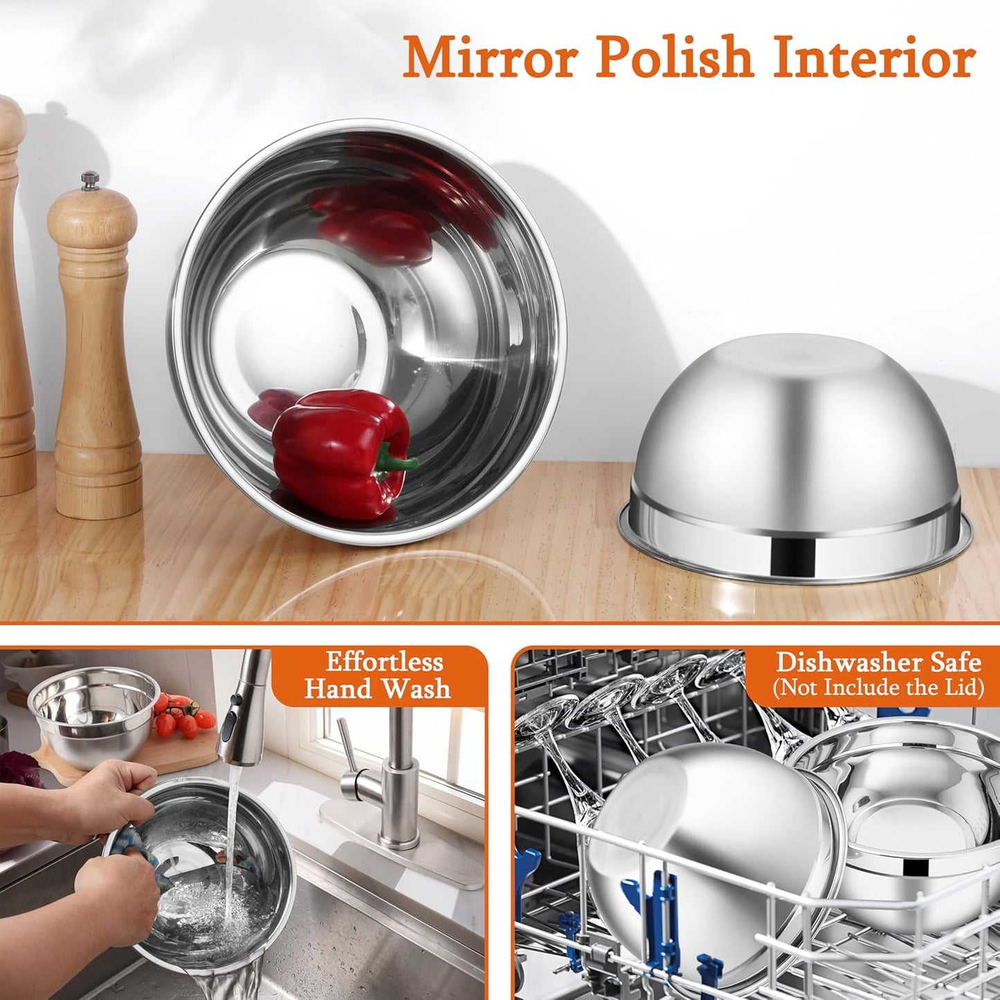 LIANYU Stainless Steel Metal Mixing Bowls, 3 Sizes Large and Small Salad Mixing Bowl Sets, Include Airtight Lids, Ideal for Kitchen Storage, Prepping, Baking, Three-Color