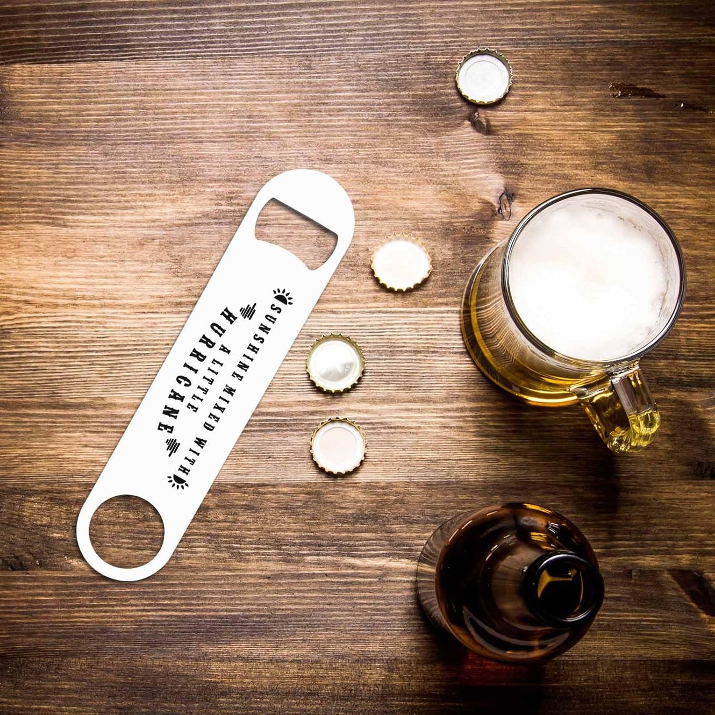 Funny Sarcastic Quotes Stainless Steel Bottle Opener Sunshine Mixed with A Little Hurricane Flat Beer Bottle Opener Keychain for Home Kitchen Bar Restaurant Party Birthday Gift