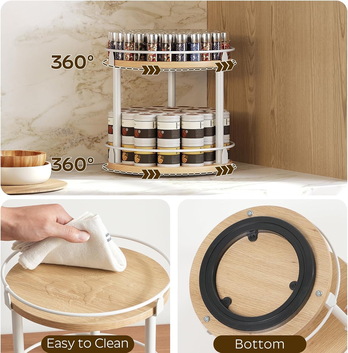 Lazy Susan Organizer, Rotating Spice Rack, 2 Tier Spice Turntable Organizer, Industrial Turntable Spice Holder, for Kitchen Countertop, Compact and Versatile, White and Natural SR22WN