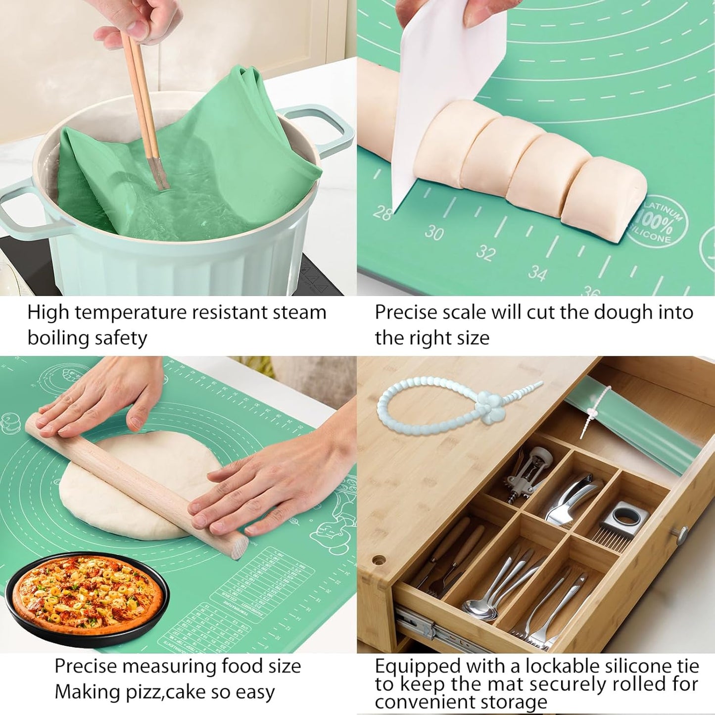 Silicone Pastry Mat 28" x 20" Extra Thick Non Stick Baking Mat with Measurements and Edge Heightening, Food Grade Silicone Rolling Mat for Pastry, Bread, Cookies, Pizza, Fondant, Pasta - Green