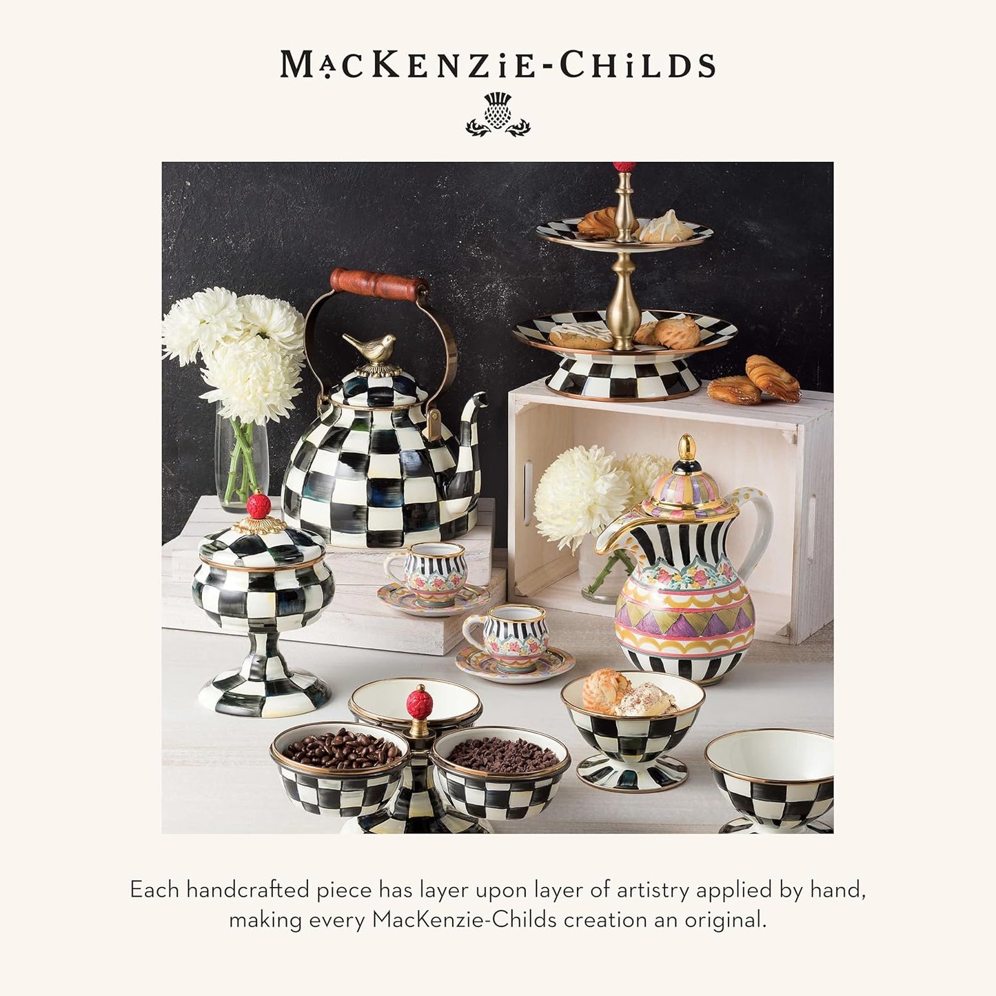 MACKENZIE-CHILDS Enamel Round Tray, Unique Serving Platter for Food and Drinks, Black-and-White Courtly Check