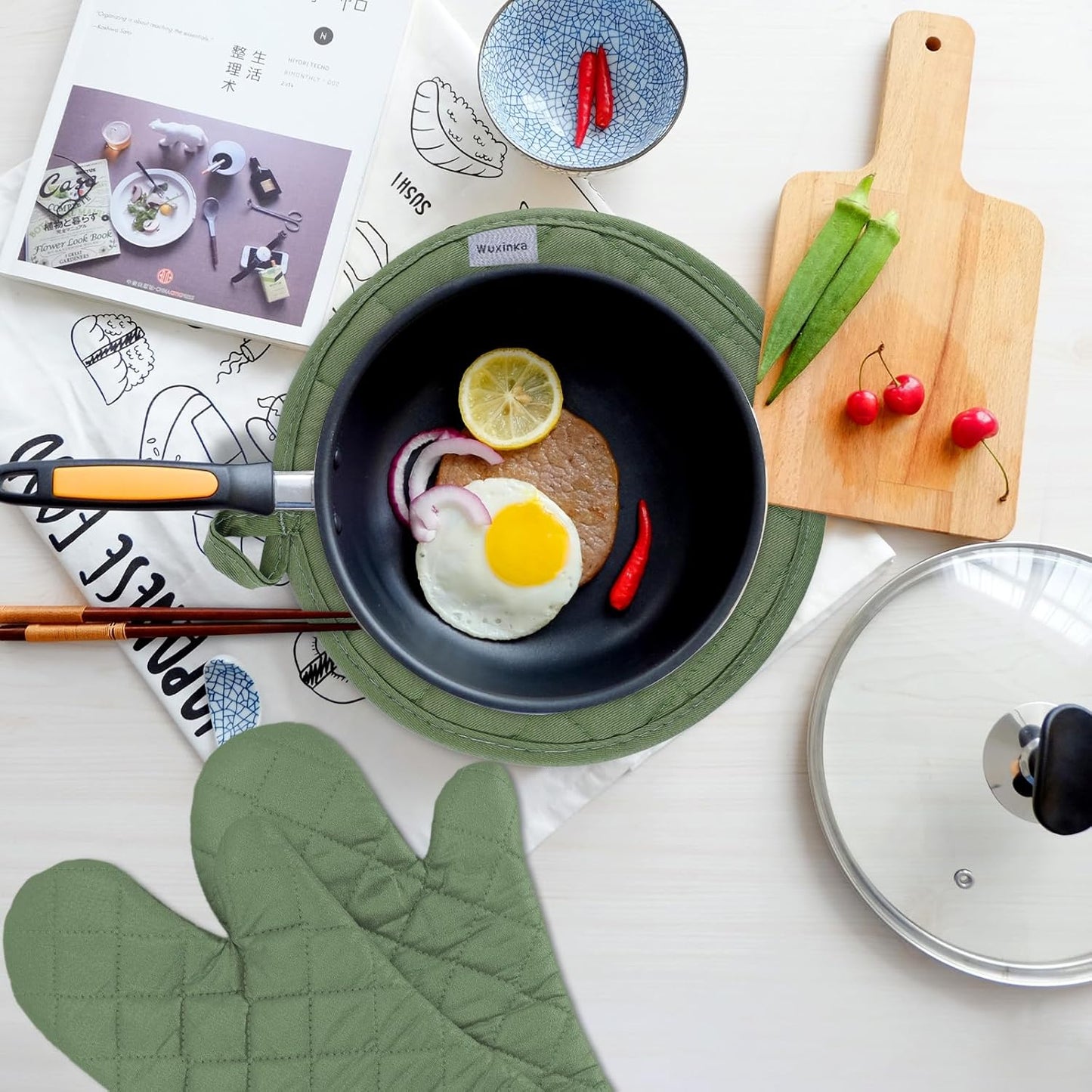 Set of 4 Oven Mitts and Pot Holder Heavy and Tall Kitchen Cotton Gloves Lined Towelcloth, Gloves Length 40cm, Pot Holder Width 20cm Diameter Round… (Army Green)