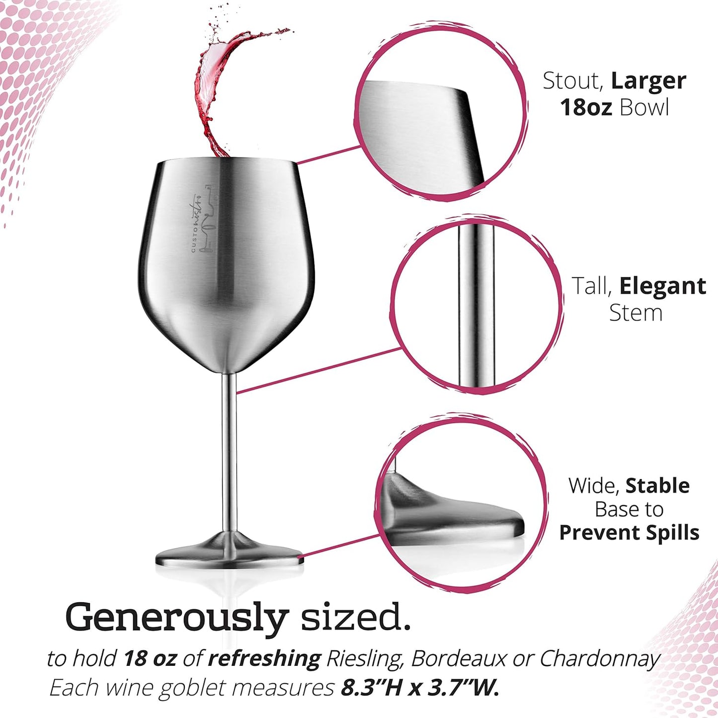 Gusto Nostro Stainless Steel Wine Glass - 18 oz - Cute, Unbreakable Wine Glasses for Travel, Camping and Pool - Fancy, Unique and Cool Portable Metal Wine Glass for Outdoor Events, Picnics (Set of 4)