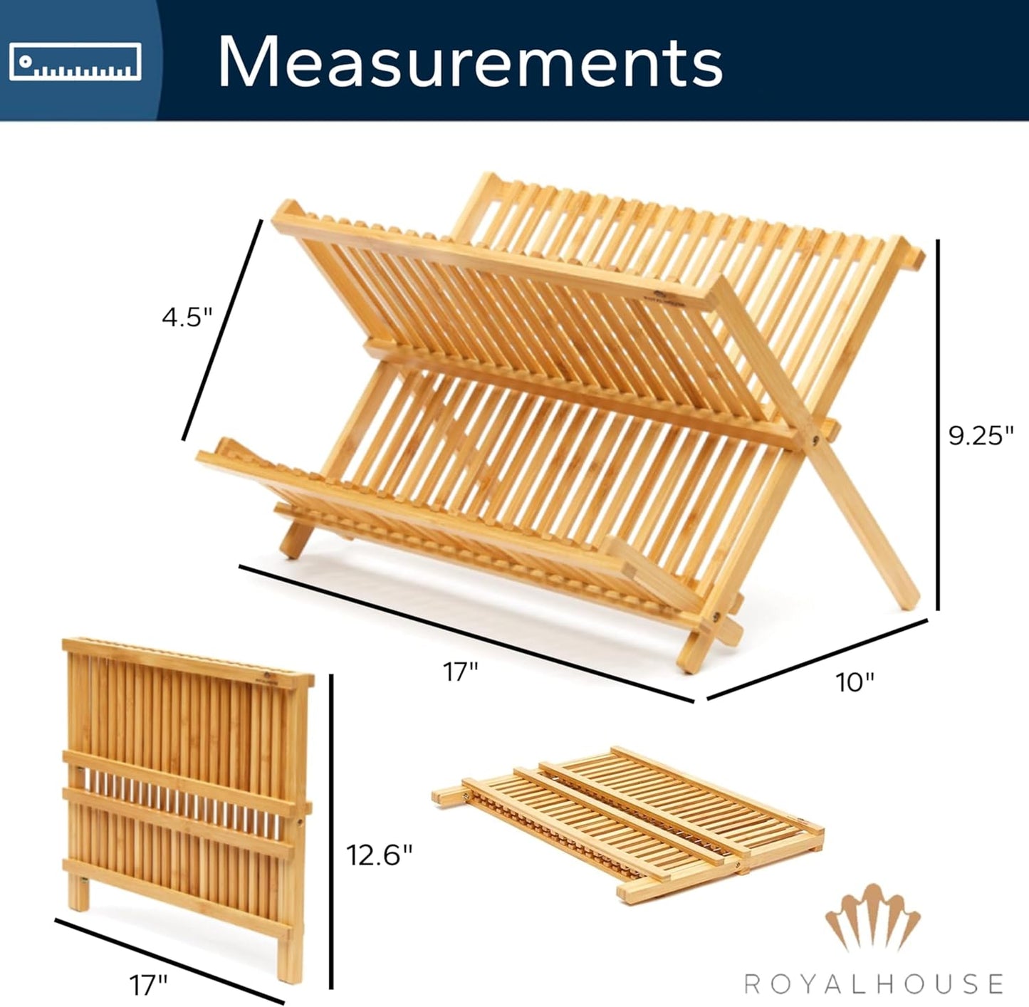 RoyalHouse Premium Natural Bamboo Dish Rack, Collapsible Dish Drainer, Foldable and Compact Dish Drying Rack for Kitchen Counter