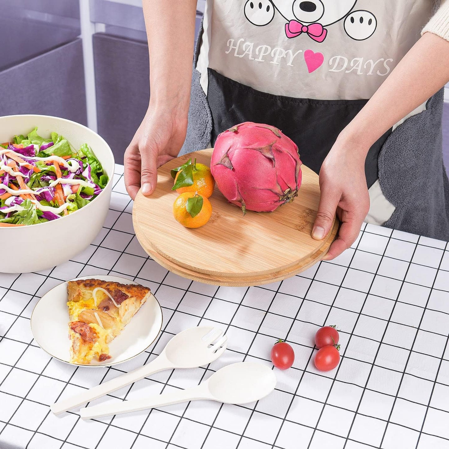 Bamboo Fiber Salad Bowl with Servers Set Large 9.8inches Nature Bamboo Mixing Bowl with Servers with Lid Spoon and Fork for Fruits,Salads and Vegetables