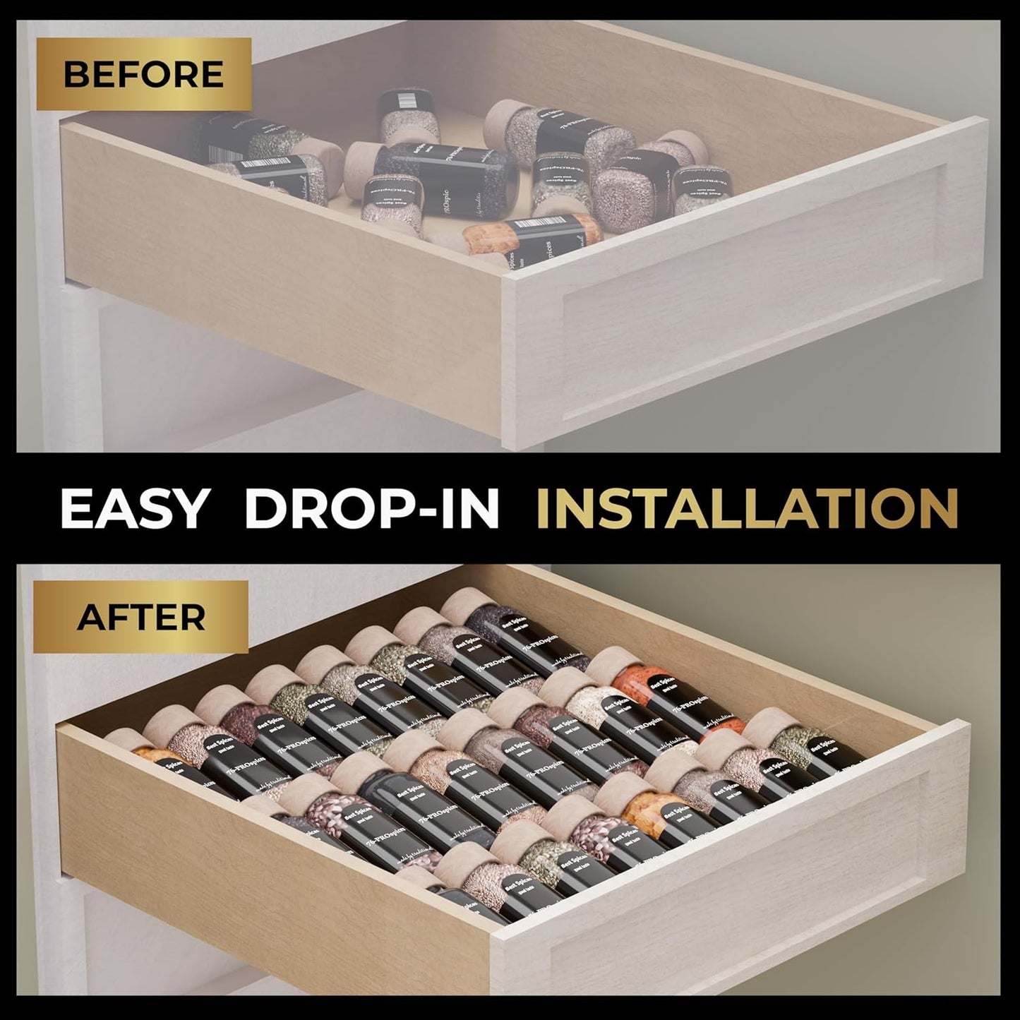 LEVANI Spice Drawer Organizer – 3 Large Tiers, Anti-Slip Grips, Narrow to Standard Drawer Size - Expandable from 8 – 15 inches Wide, Clear Durable Acrylic Spice Rack, No Sliding in Kitchen Drawers