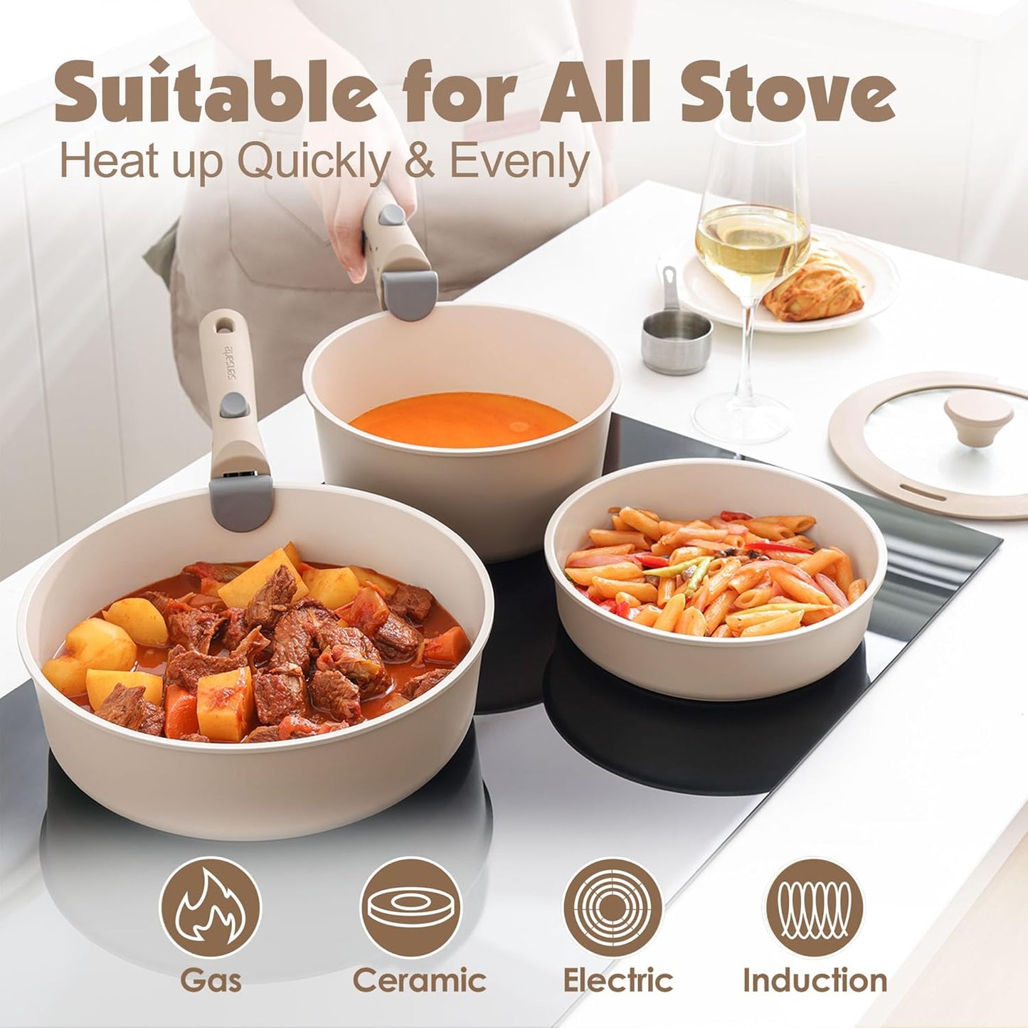 SENSARTE 17 Piece Ceramic Pots and Pans Set, Nonstick Detachable Handle Cookware, Induction Kitchen Cookware Set with Removable Handle, Dishwasher & Oven Safe (Almond Beige)