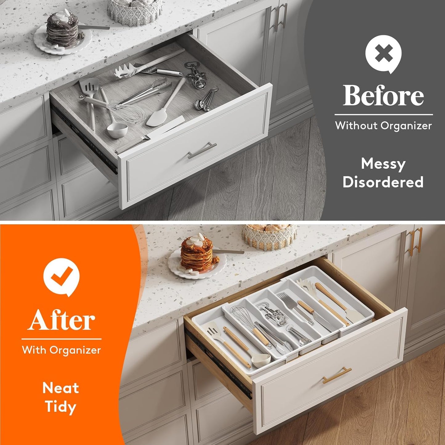 Lifewit Utensil Organizer for Kitchen Drawers, Expandable from 13‘’ to 22.4'', 15'' Depth, Plastic Cutlery Silverware Flatware Holder, Spatula Tools and Gadgets Storage, Large, White