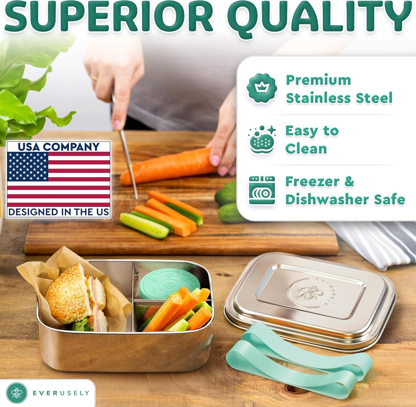 Everusely - Bento Box - Green, 37oz / 1.1 L - Stainless Steel Lunch Box with Leakproof Condiment Container - 3 Compartment Snack Organizer for On the Go Meals - Freezer & Dishwasher Safe