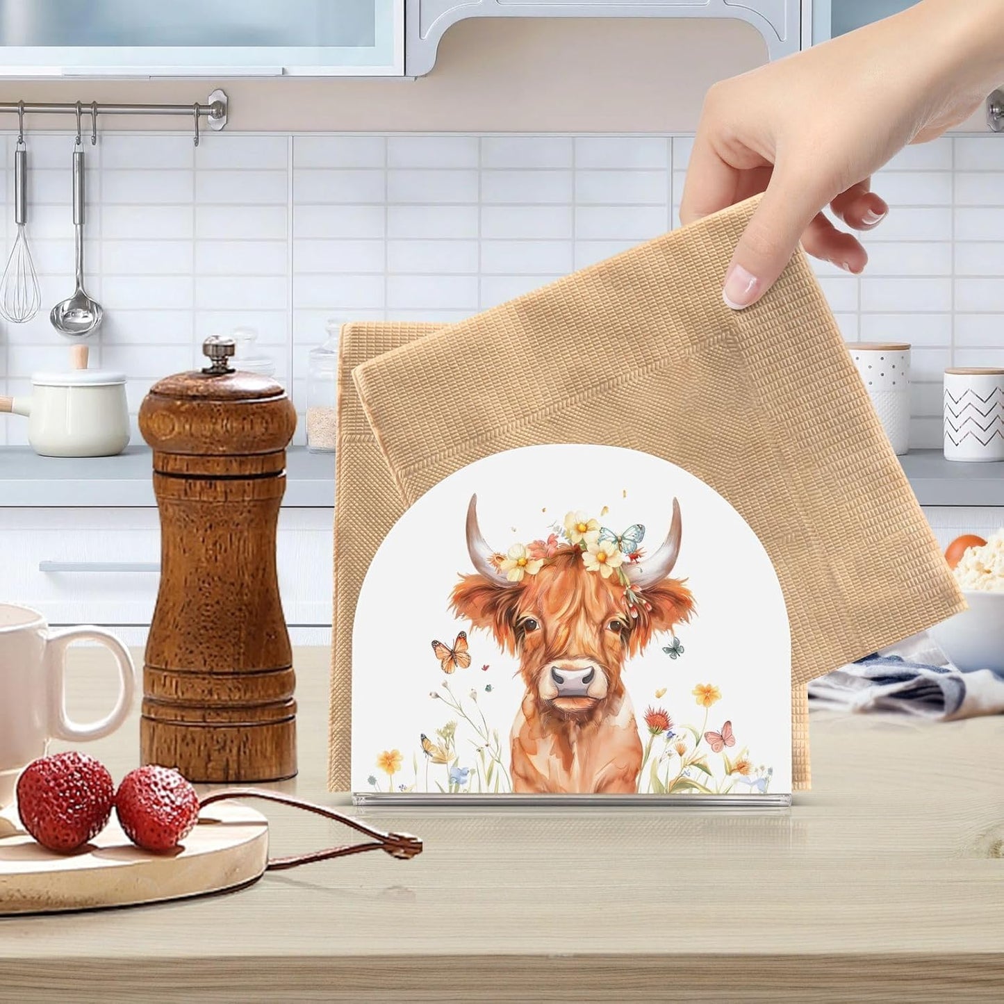 Highland Cow with Butterflies Napkin Holder for Table Paper Napkins Holder Acrylic Tissue Dispenser Kitchen Dining Room Bathroom Party Car Decor