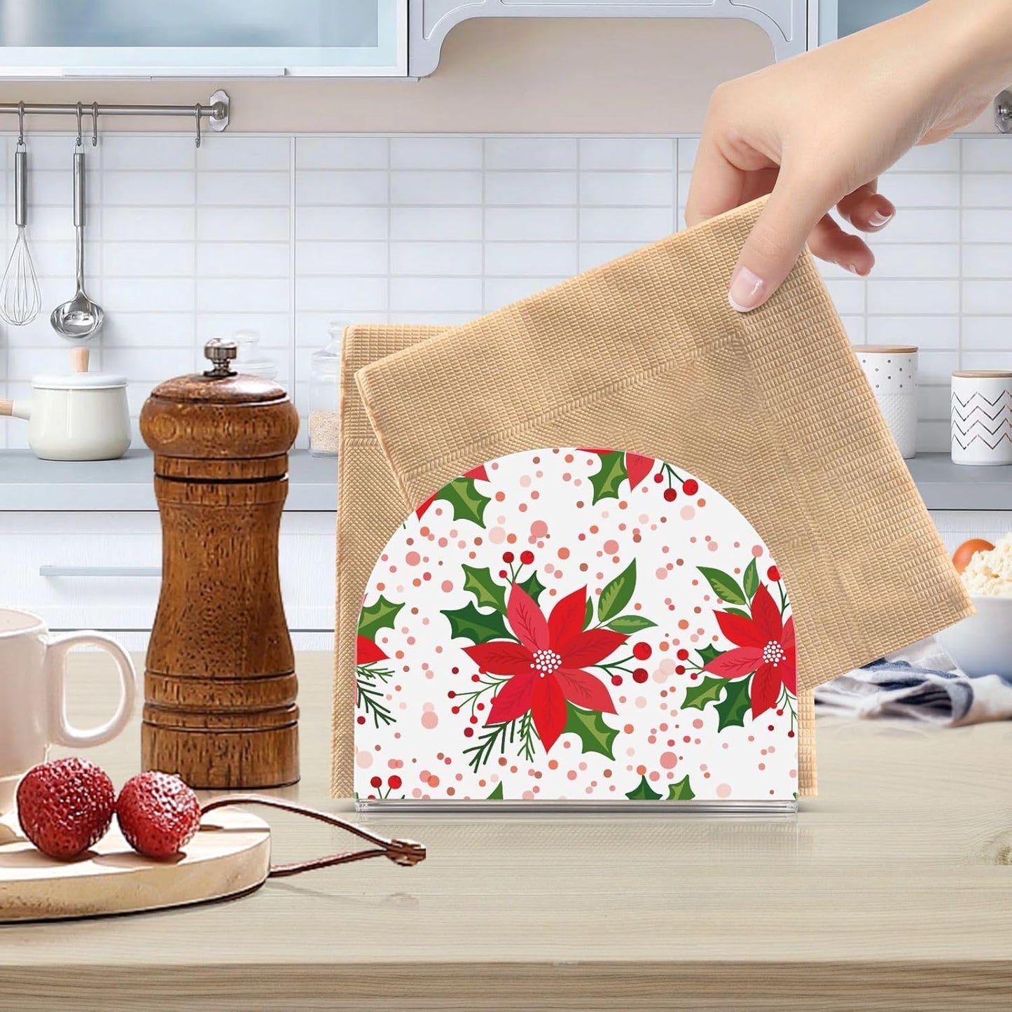 Christmas with Poinsettia Napkin Holder for Table Paper Napkins Holder Acrylic Tissue Dispenser Kitchen Dining Room Bathroom Party Car Decor