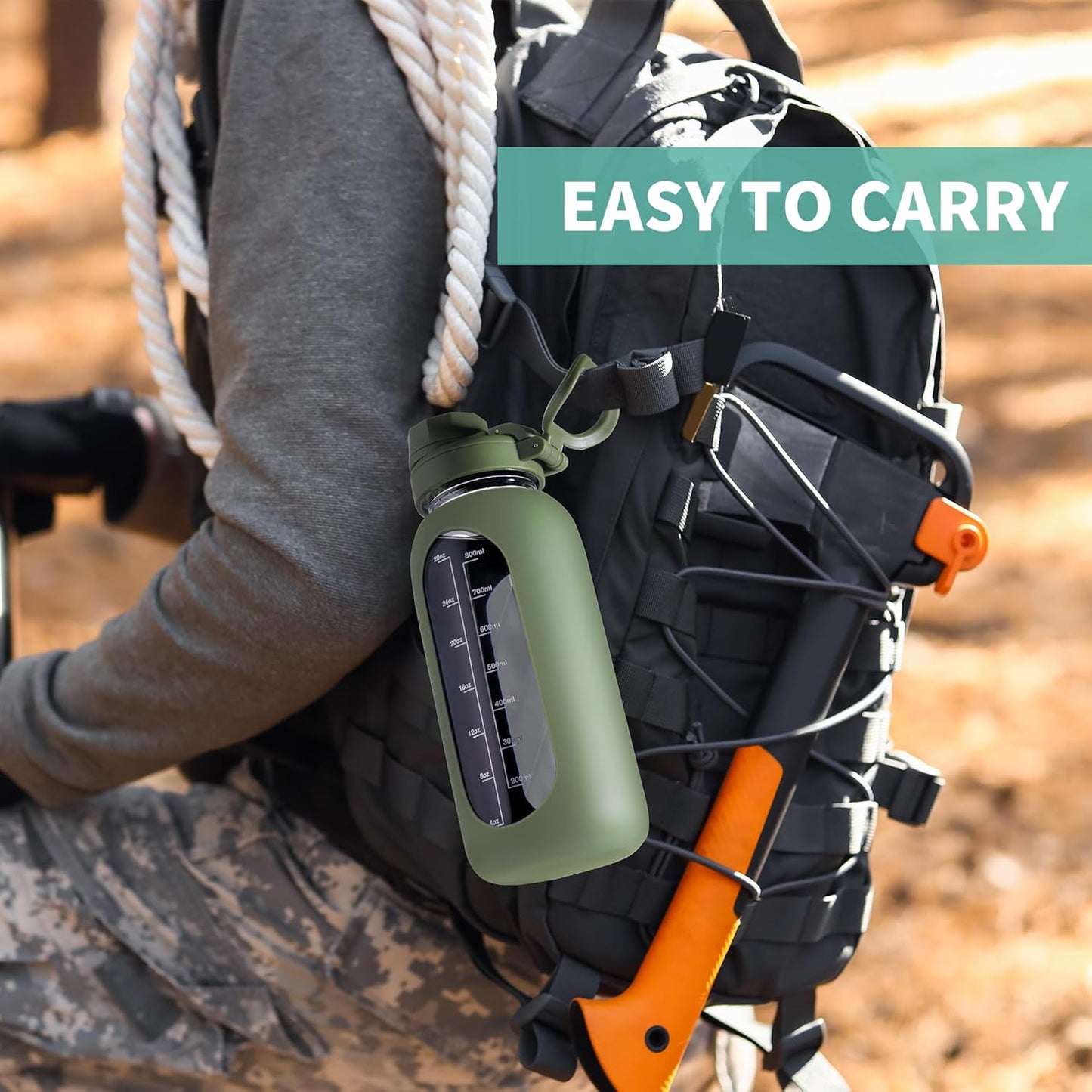 CIVAGO 40 oz Glass Water Bottle with Straw and Handle, Large Sports Motivational Water Bottle Flask with Time Marker and 2 Lids, Leakproof Water Jug Canteen with Silicone Sleeve for Gym,Sage