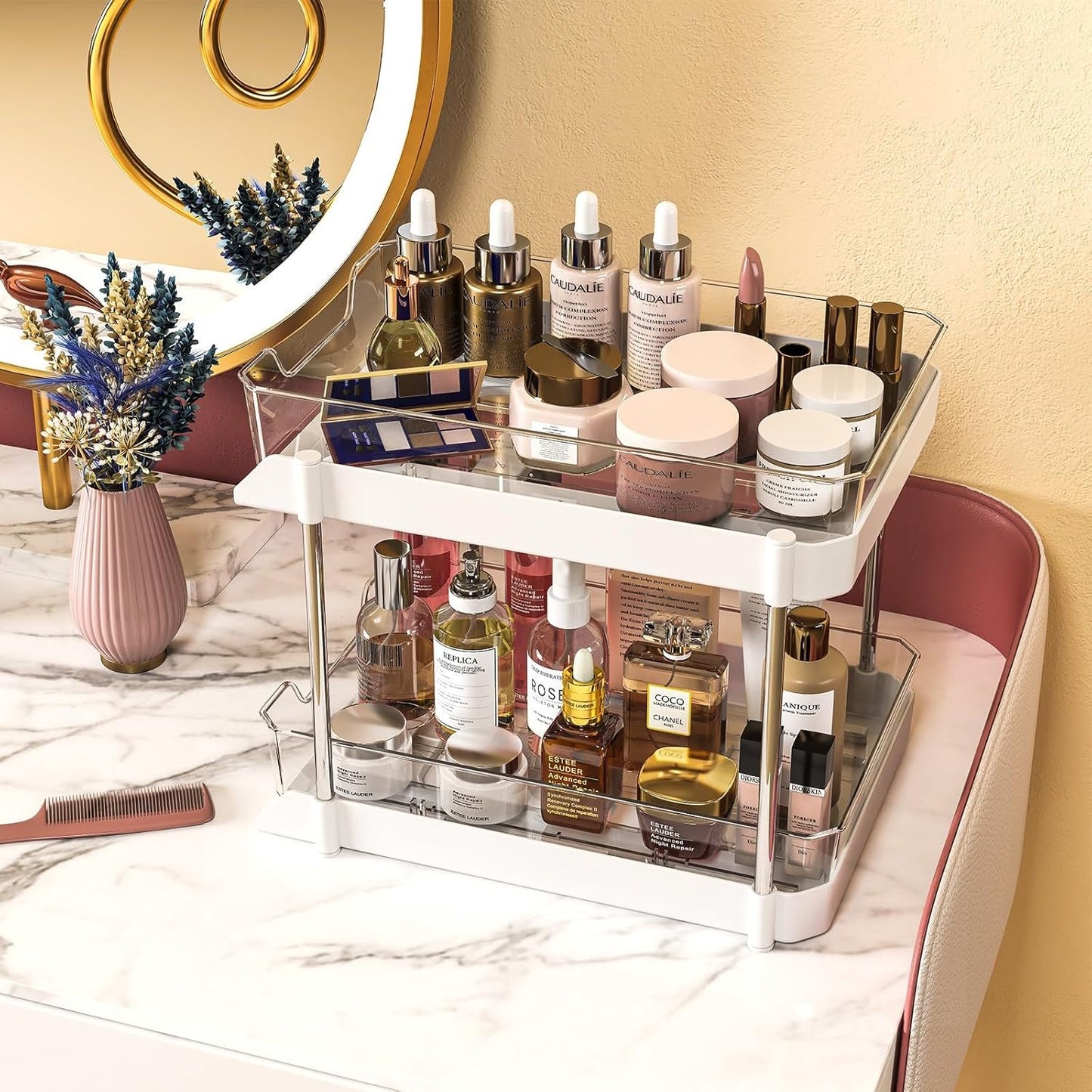 JLKDQ 4 Pack Bathroom Under Sink Organizers and Storage, 2-Tier Pull Out Cabinet Organizer and Medicine Storage Shelf,Fit Cabinets, Kitchens,Food Pantry. (White&Clear,10.63" L x 8.0" W x 8.46" H).