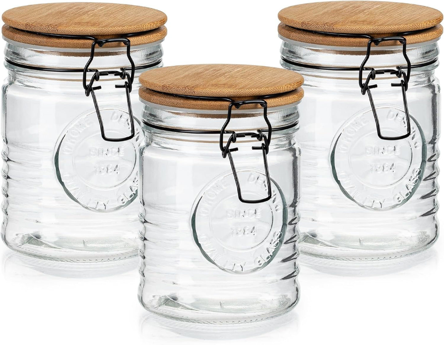 kitchentoolz Glass Storage Jars with Airtight Lids - Set of 3 Mason Storage Containers for Cereal, Coffee & Rice - 23 Ounce Pantry Organizing Canister Set