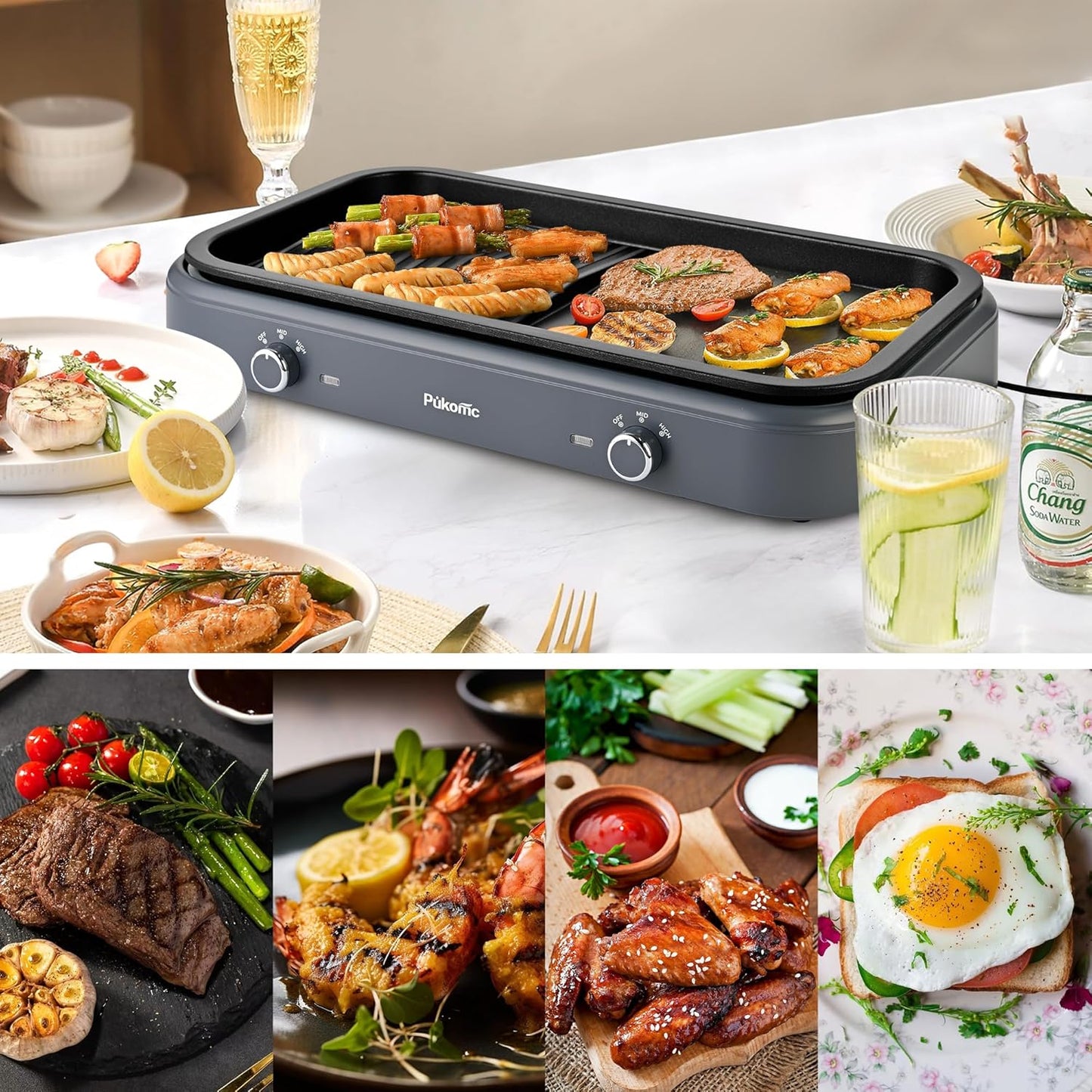 Pukomc Electric Indoor Grill,1500W,Non-Stick Cooking,Adjustable Dual Cooking Zones with,indoor grills electric smokelessSafe for Family, Party, Kitchen Use,gray