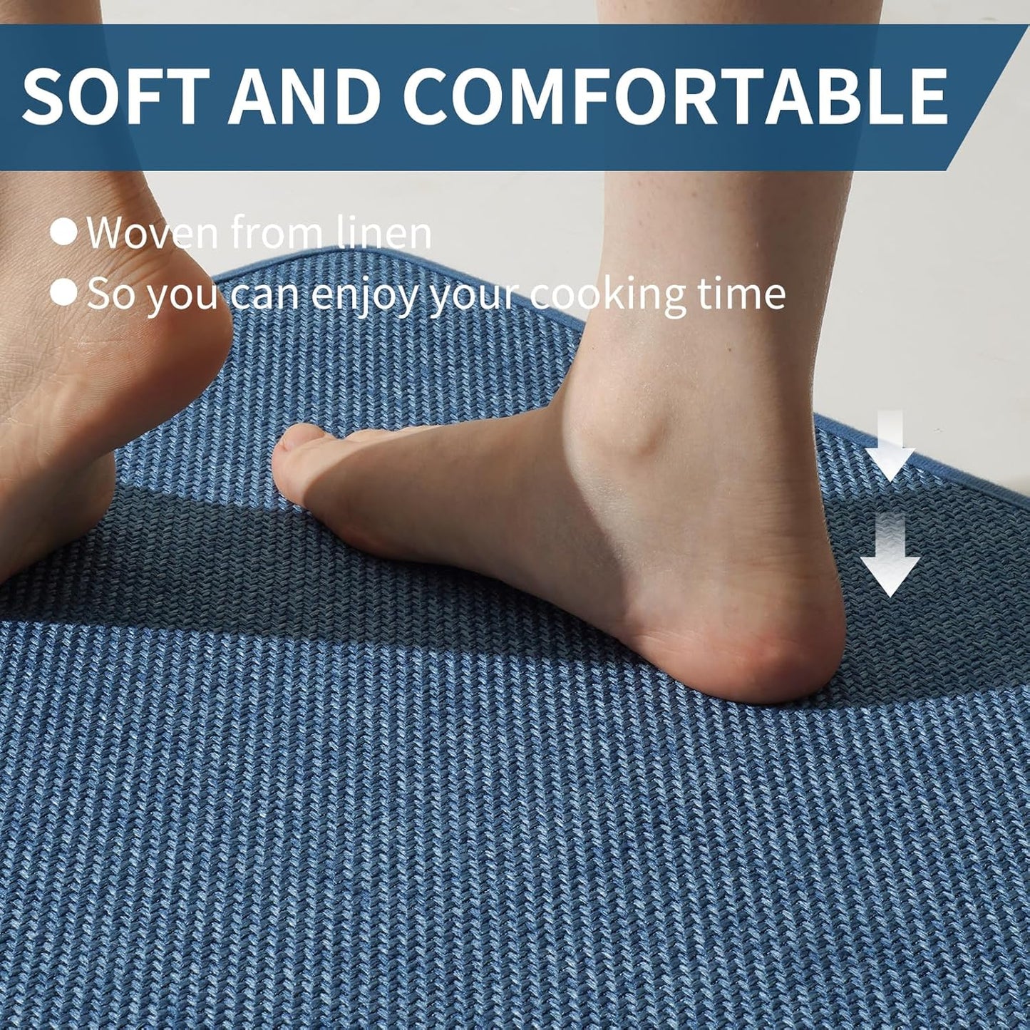 Kitchen Mats for Floor, Super Absorbent Kitchen Rugs Non Slip Washable, Soft Imitation Linen Braided Kitchen Runner Rug, Standing Mat Sink Mat, Easy to Clean, Blue 17x47