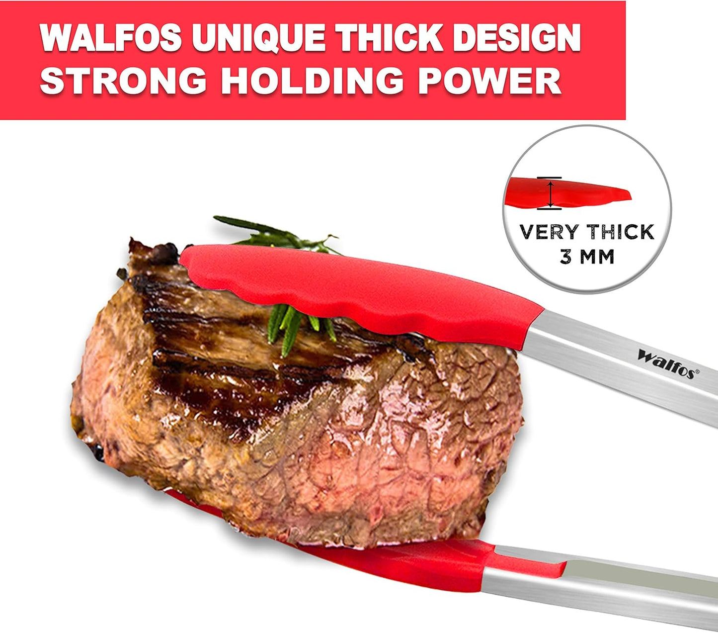 Walfos Kitchen Tongs - 7" 9" and 12" Heat Resistant Cooking Tongs, Stainless Steel and BPA Free Silicone Tips, Great for Cooking, Salad, Grilling, Turning, Dishwasher safe,set of 3