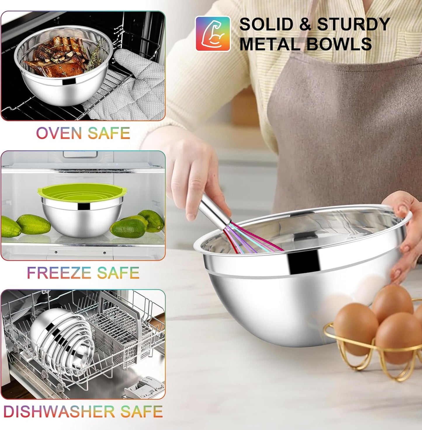 E-far Mixing Bowls with Lids Set, 7-Piece Stainless Steel Mixing Bowls with 3 Grater Attachments, Size 4.6, 3.5, 2.6, 2, 1.5, 1, 0.7QT, Nesting Design & Colorful Airtight Lid, For Baking/Prepping
