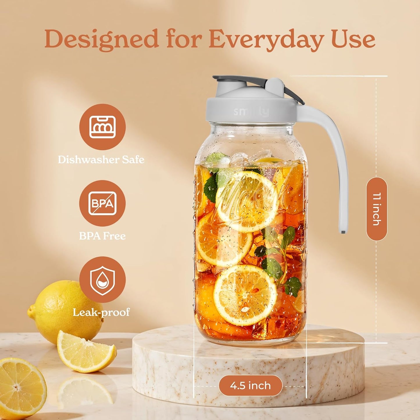 SMIRLY 64 oz Mason Jar Pitcher,Glass Pitcher with Wide Mouth,Water Jug with Double Leak Proof Lid for Iced Coffee,Hot Water,Breast Milk