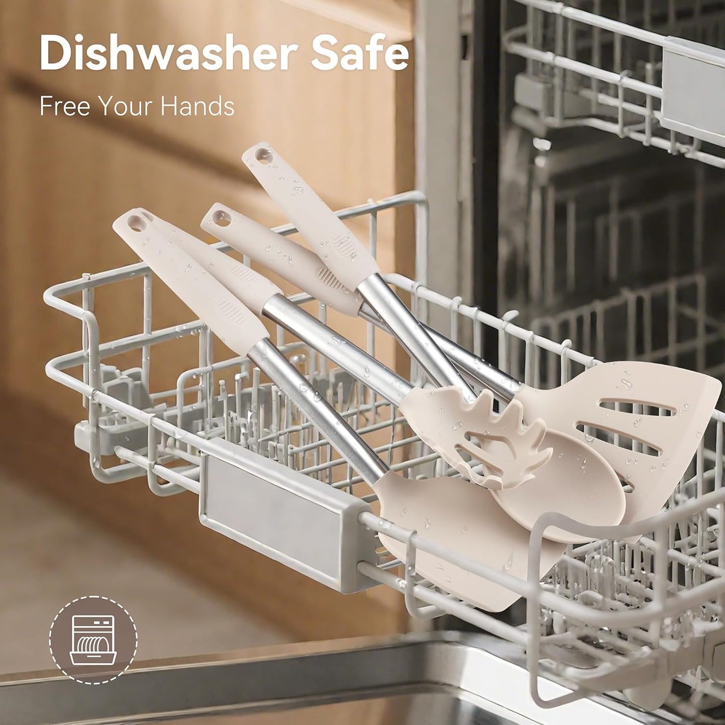 Silicone Cooking Utensils Set, NCUE 35 Pcs Kitchen Utensils Set with Holder, with Stainless Steel Handle Spatula Set, Spoons, Pasta Server, Cheese Grater, Masher, Scissors, Dishwasher Safe (Khaki)