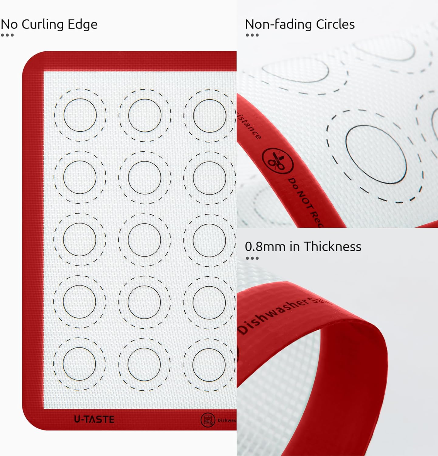 446ºF Heat Resistant Macaron Mat: U-Taste 11x11in Non Stick Silicone Baking Mat, Reusable Cookies Pastry Sheet Liner with Edge Enhancement & Circle Measurement for Square Cake Pan (2 PCS, Red)